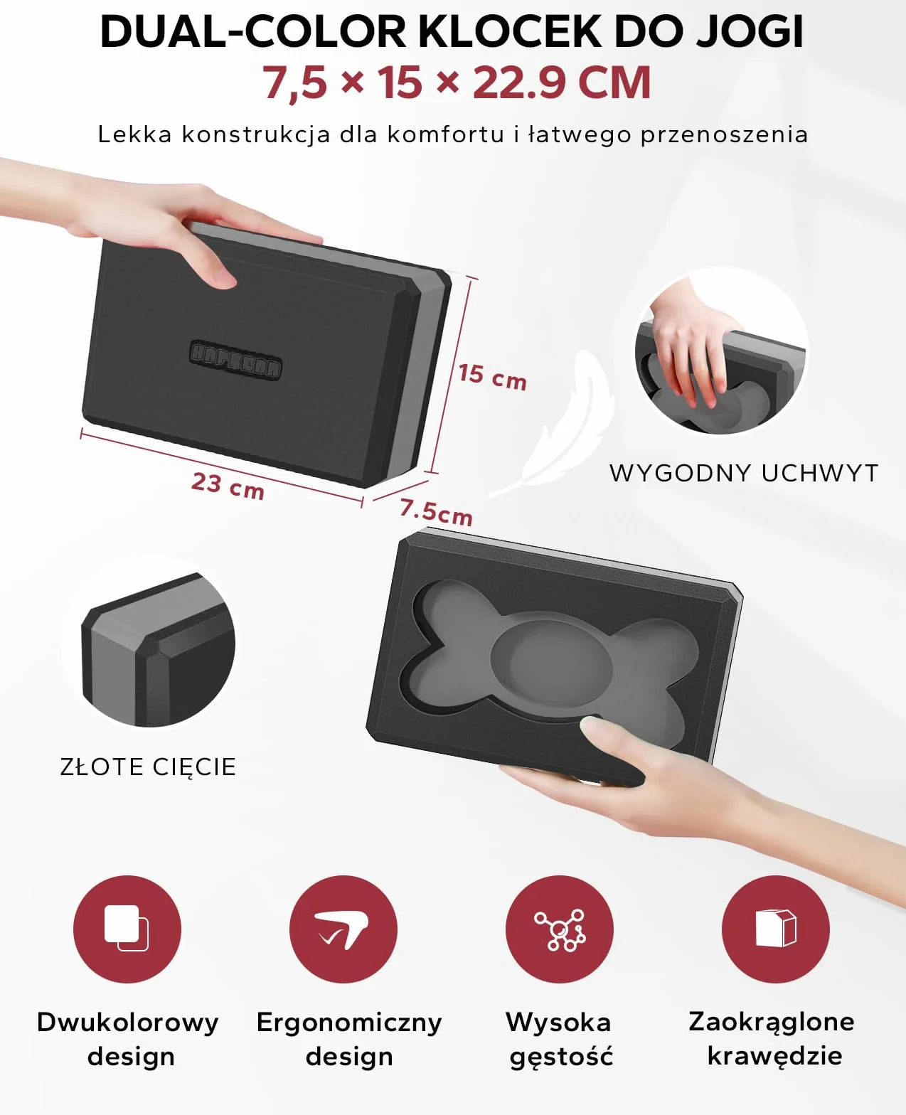 HAPBEAR 2 Klocki do Jogi – 23×15×7,5 cm EVA, Antypoślizgowe i Lekkie, Ergonomiczne, Stabilne do Pilates i Rozciągania – z Paskiem, Taśmami i Piłką do Masażu