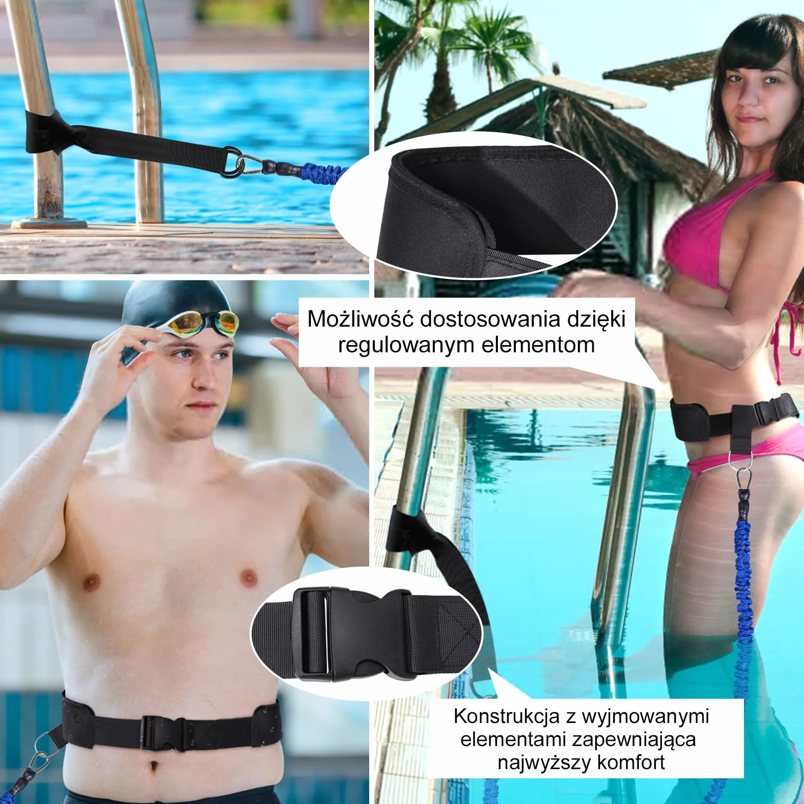 Oporowy pas do basenu z regulowaną liną 2,5-7,5 m, niebieski