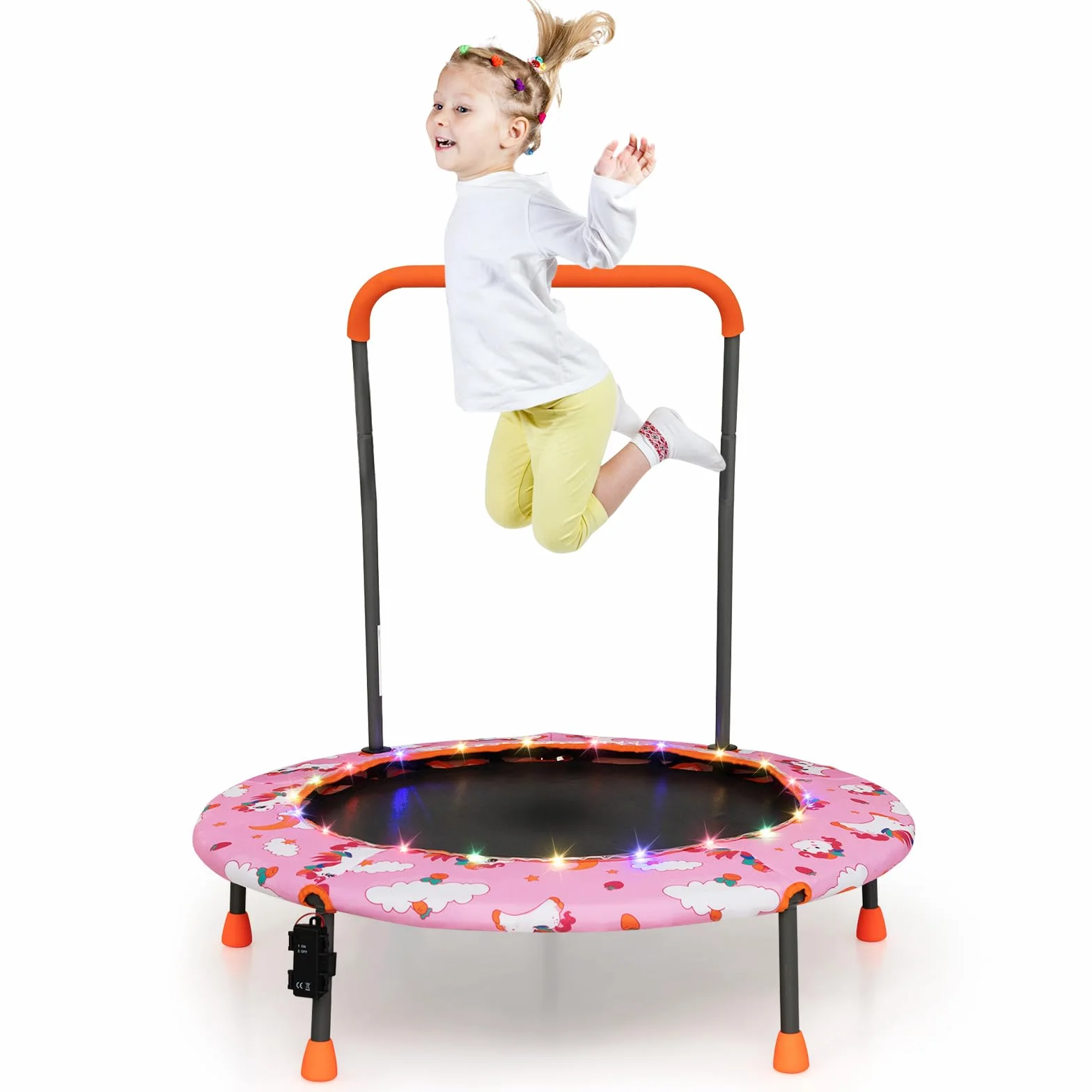 COSTWAY Trampolina dla dzieci o średnicy 92 cm, mini trampolina z oświetleniem LED i zdejmowanym uchwytem, trampolina fitness, trampolina ogrodowa, do użytku wewnątrz i na zewnątrz, dla dzieci w wieku