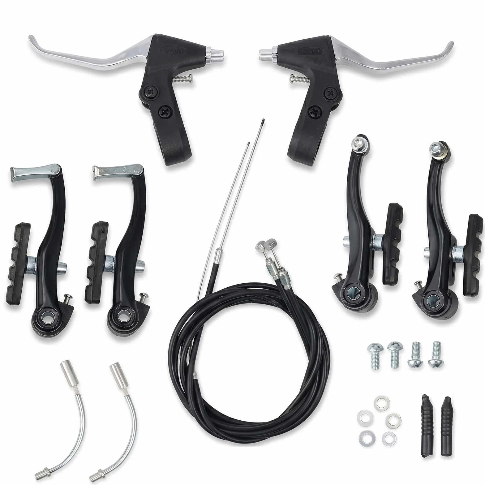 Zestaw 2 hamulców rowerowych – zestaw hamulców V-Brake z dźwignią hamulca i linkami hamulcowymi, stop aluminium, przednia linka hamulcowa ok. 72 cm, z tyłu ok. 175 cm, do rowerów górskich