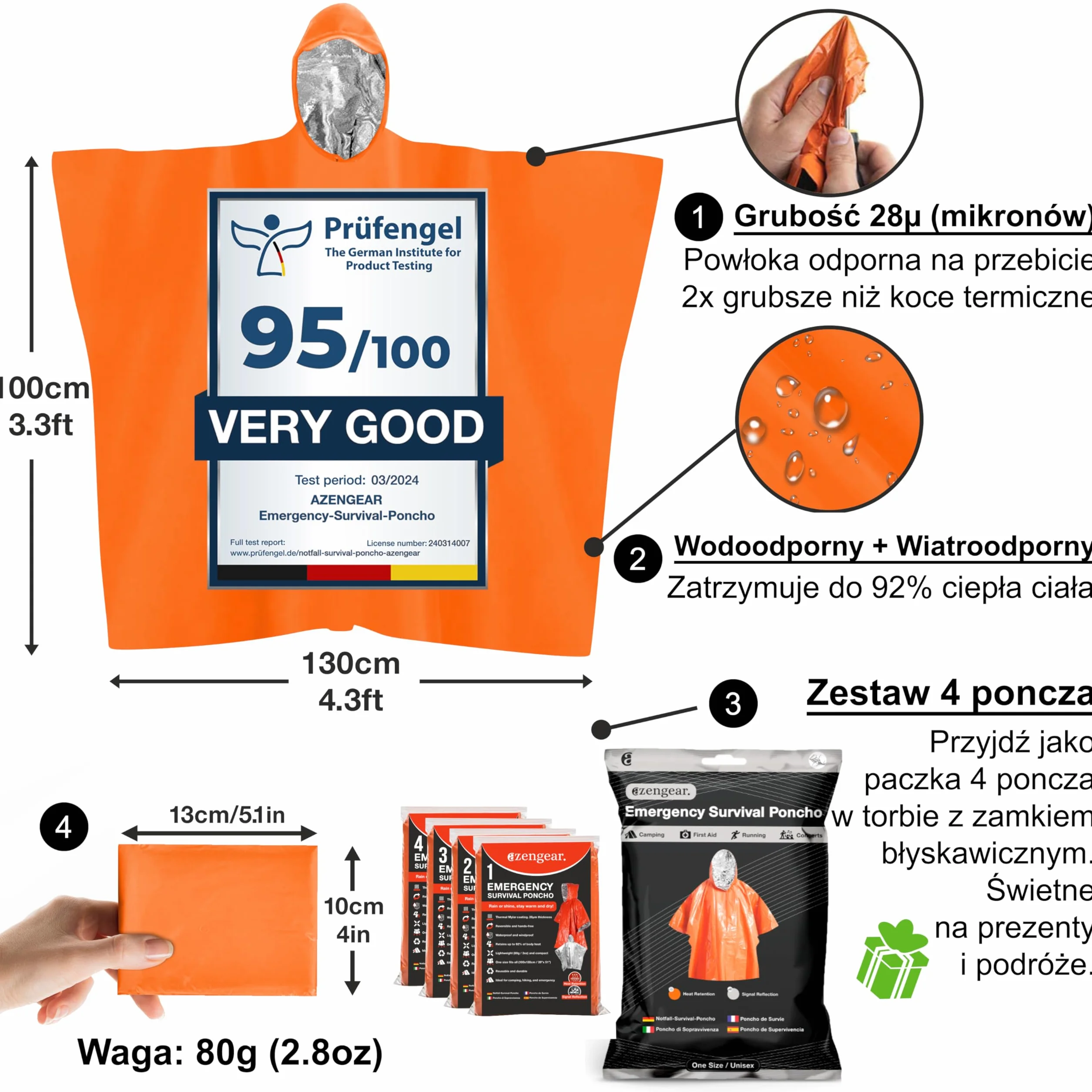 aZengear Ponczo survivalowe termiczna powłoka z folii mylarskiej wodoodporne wiatroszczelne z kapturem Pomarańczowy 4 szt.