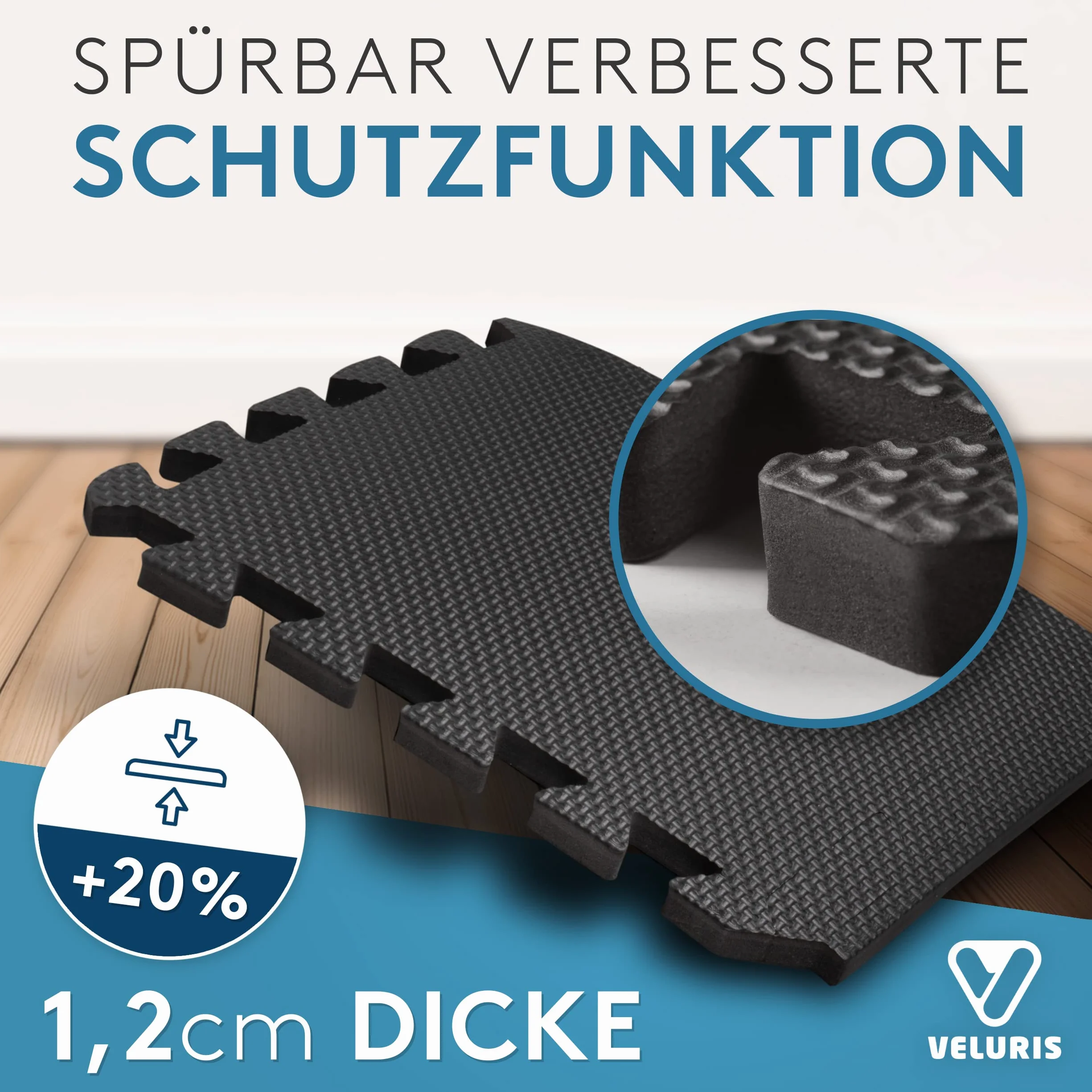 Veluris Mata ochronna podłogowa [31 x 31 cm] – 18 bardzo grubych dywaników podłogowych [20% więcej ochrony] – antypoślizgowa mata ochronna na siłownię, fitness, na podłogę sportową, matę