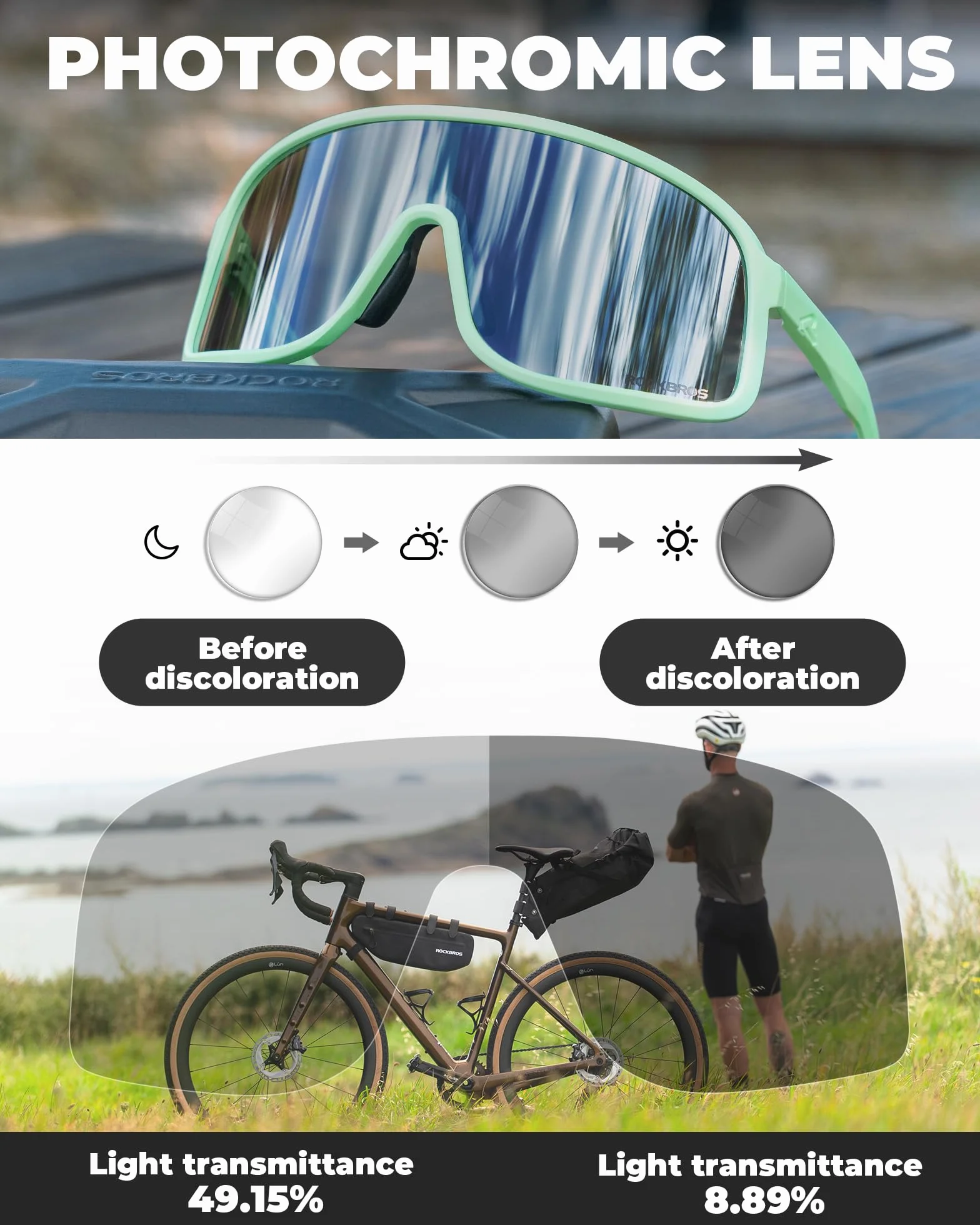 ROCKBROS Okulary rowerowe fotochromowe UV400 TR90 sportowe
