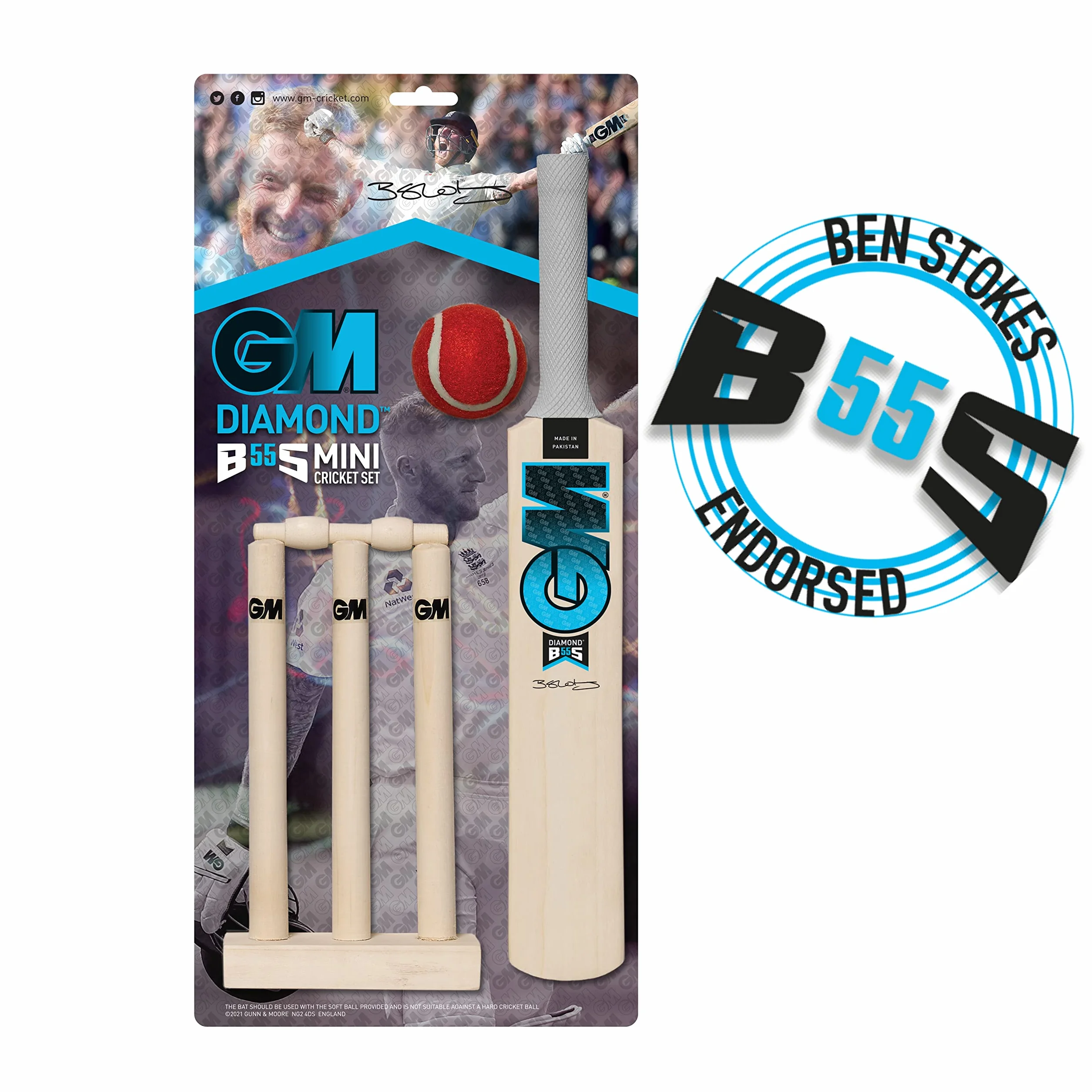 Gunn & Moore GM Mini drewniany zestaw kija do krykieta i pniaków, seria BS55 Ben Stokes - proszę zwrócić uwagę na bardzo mały rozmiar