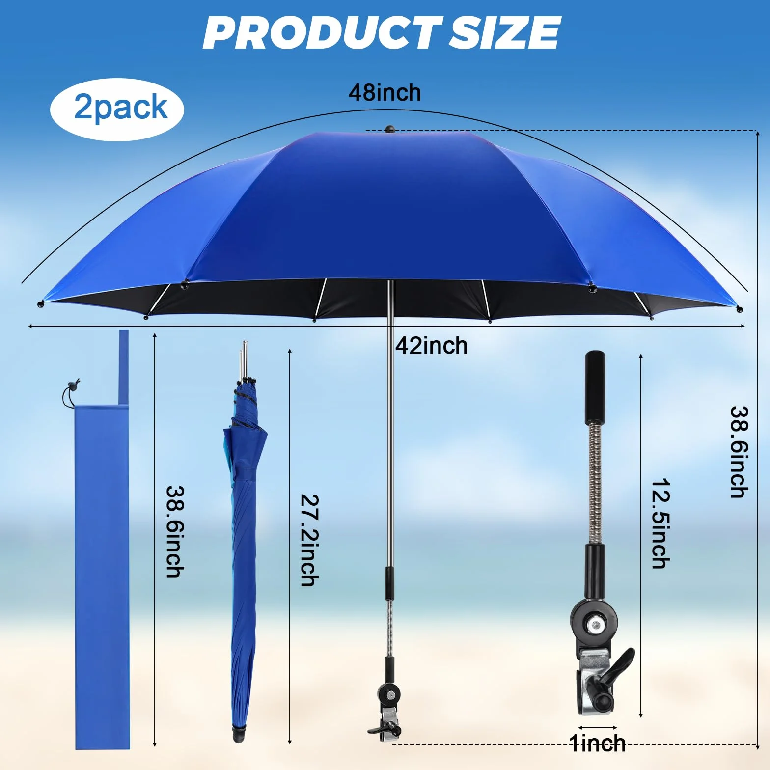 panthem Parasol plażowy z uniwersalnym zaciskiem, UPF 50+ regulowany 360°, przenośny parasol kempingowy, wózek inwalidzki, krzesła tarasowe, wózki golfowe, balkon