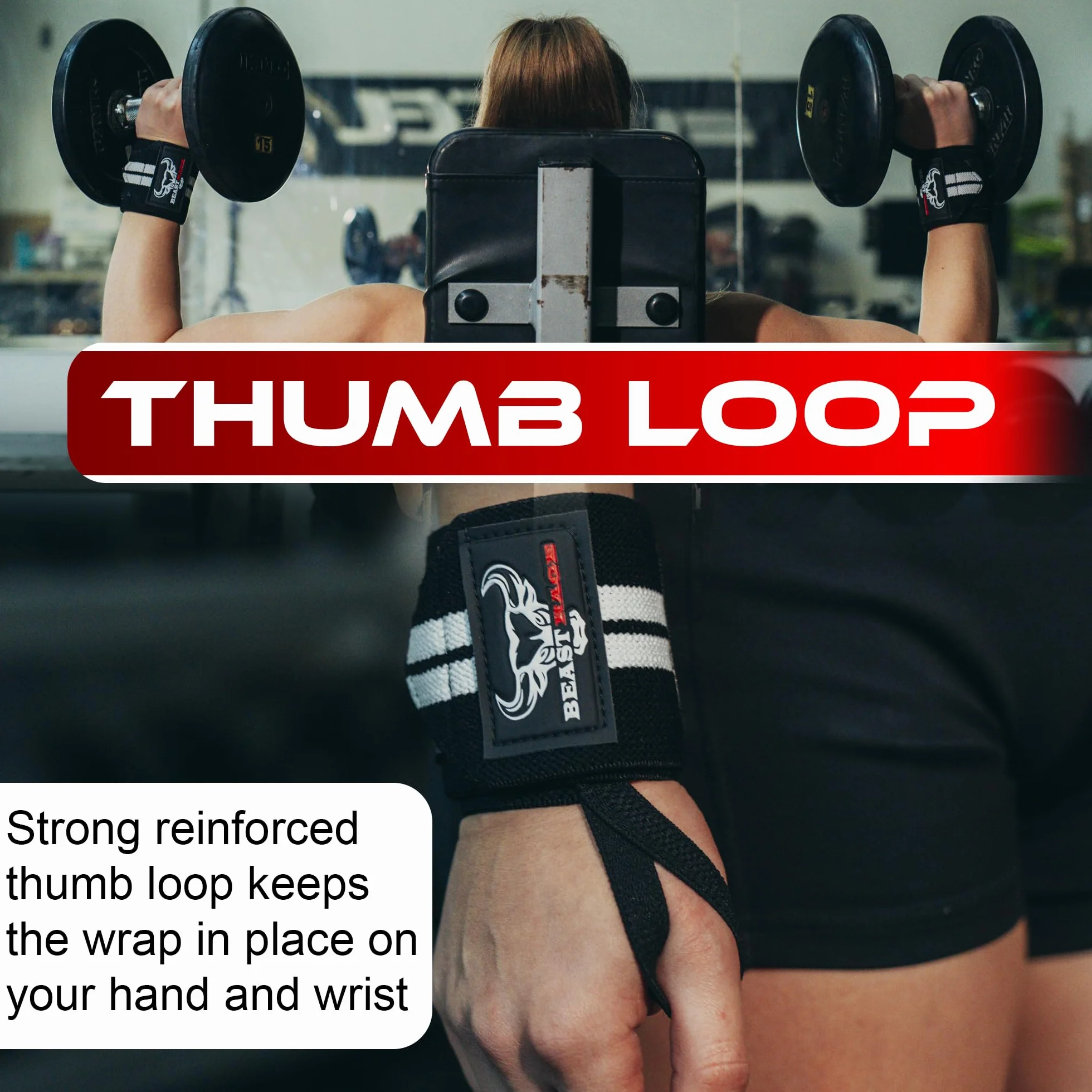 BEAST RAGE Opaski na nadgarstki do podnoszenia ciężarów, trening siłowy mięśni, trening fitness, rozciągliwy bawełniany pasek na kciuk (UP3, WHITE)