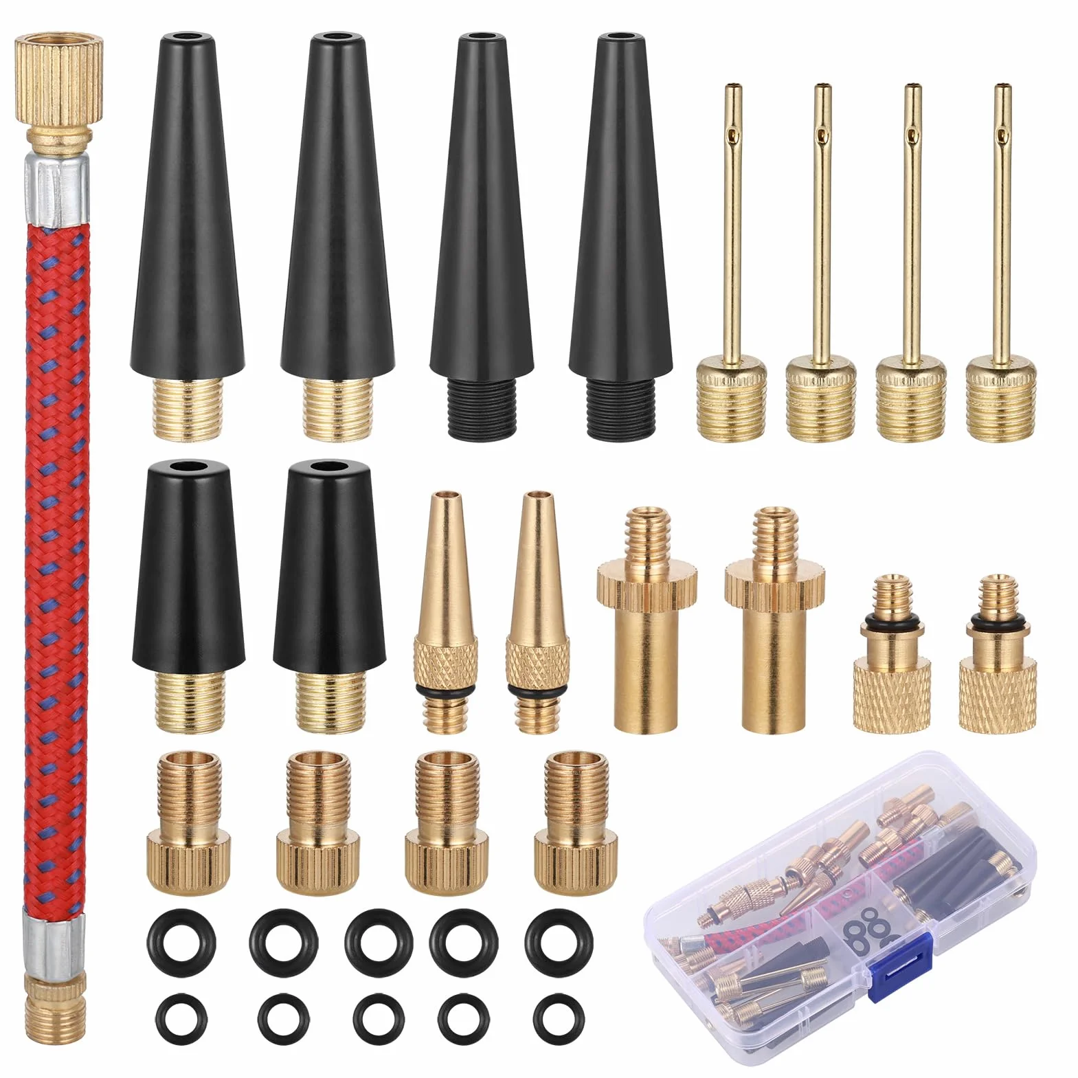 Hejo Zestaw 33 Adapterów do Wentyli Rowerowych, Adapter do Wentylu Francuskiego, Adapter do Pompy Powietrza Z metalu z Pudełkiem do Sortowania Pompy Rowerowej i Kompresora