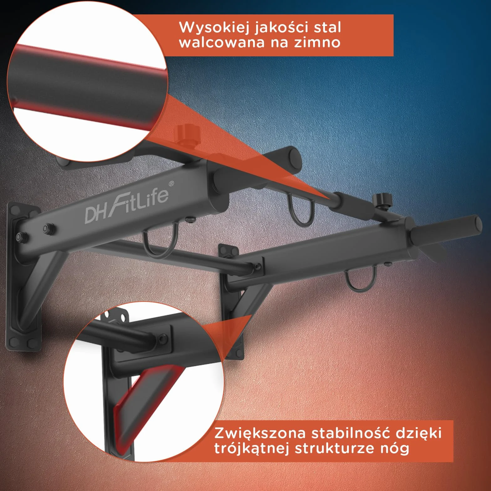 DH FitLife Drążek do podciągania 4 w 1 do montażu na ścianie z kołkiem rozporowym | Wielofunkcyjny drążek do 200 kg | 6 antypoślizgowych uchwytów | 3 oczka do worka bokserskiego i taśm treningowych