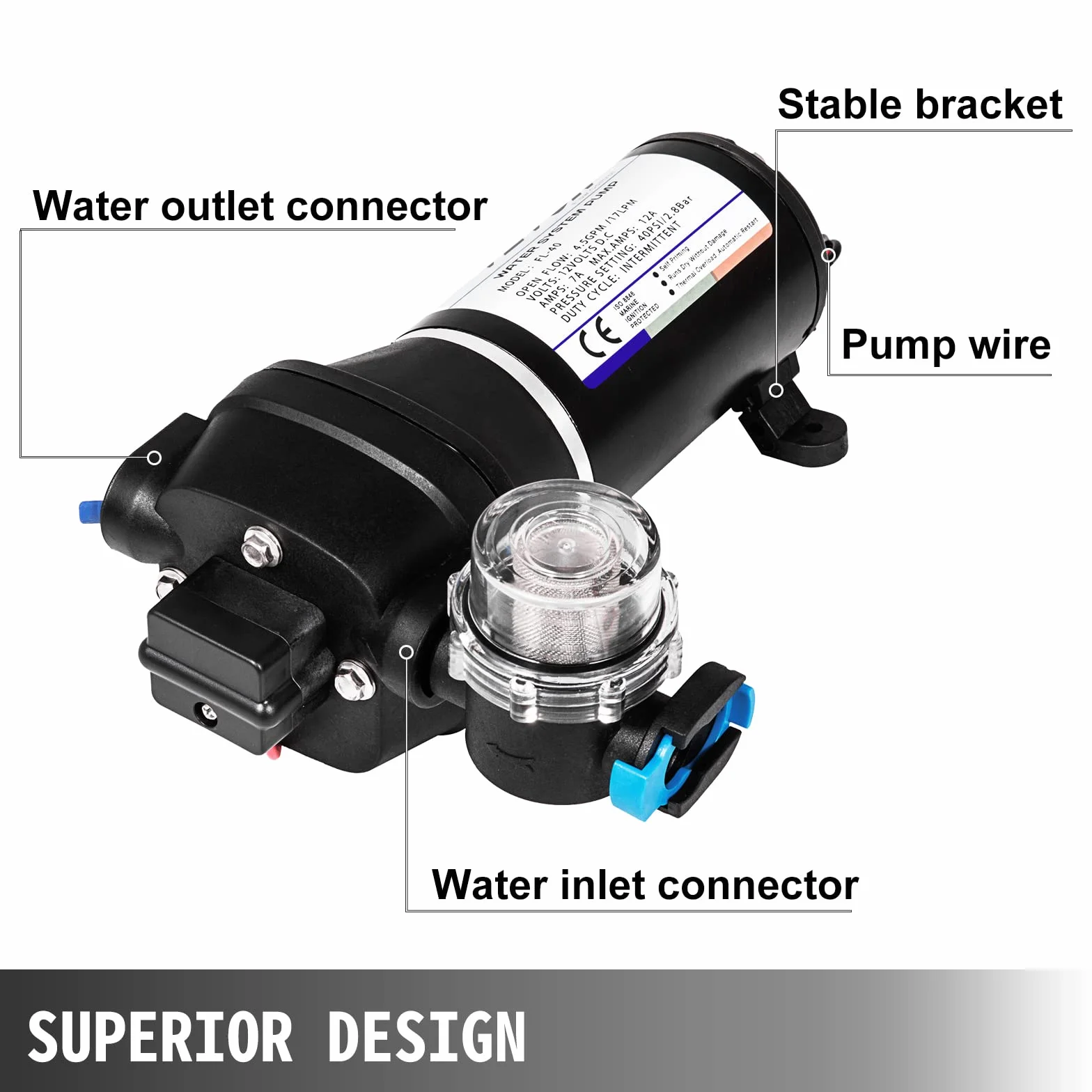 VEVOR Pompa wodna, membrana wysokociśnieniowa 12 V, wysokociśnieniowa pompa wodna 17 l/min, samozasysająca pompa membranowa 2 m, membrana 3-komorowa, pompa membranowa z zabezpieczeniem przed ciepłem
