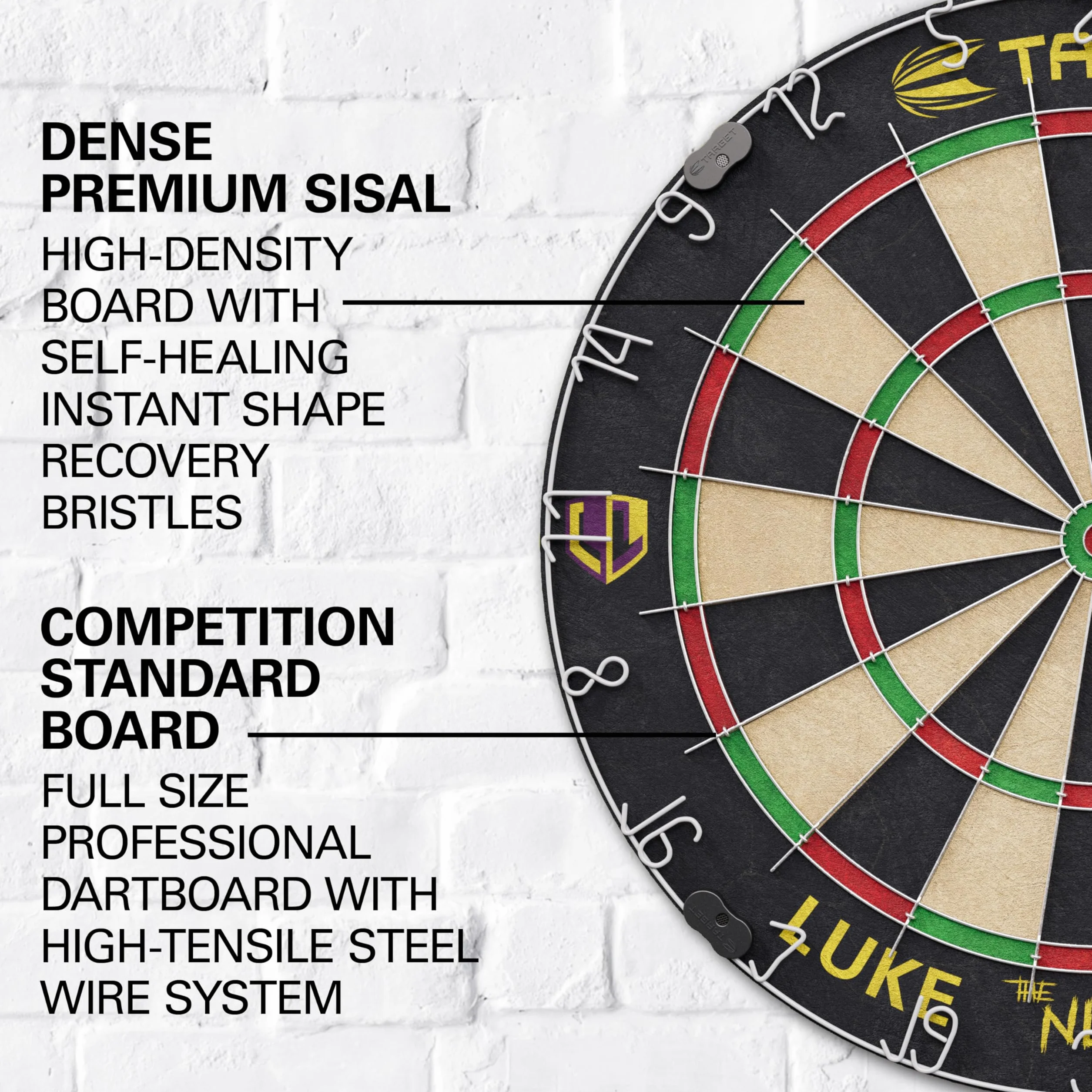 Target Darts Player Dartboard Set | Luke Littler/Dimitri Van den Bergh/Gabriel Clemens | Tarcza do rzutek w wersji dla graczy z 2 zestawami rzutek ze stalowymi końcówkami, standardowa linia w zawodach