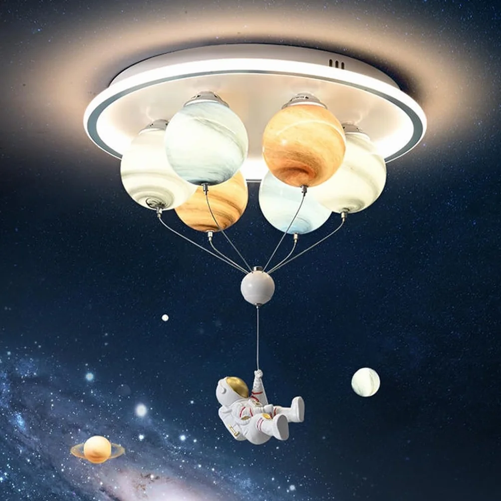 Lampa sufitowa LED kreskówka astronauta szklana planeta Żyrandol do sypialni pokoju dziecięcego trójkolorowa