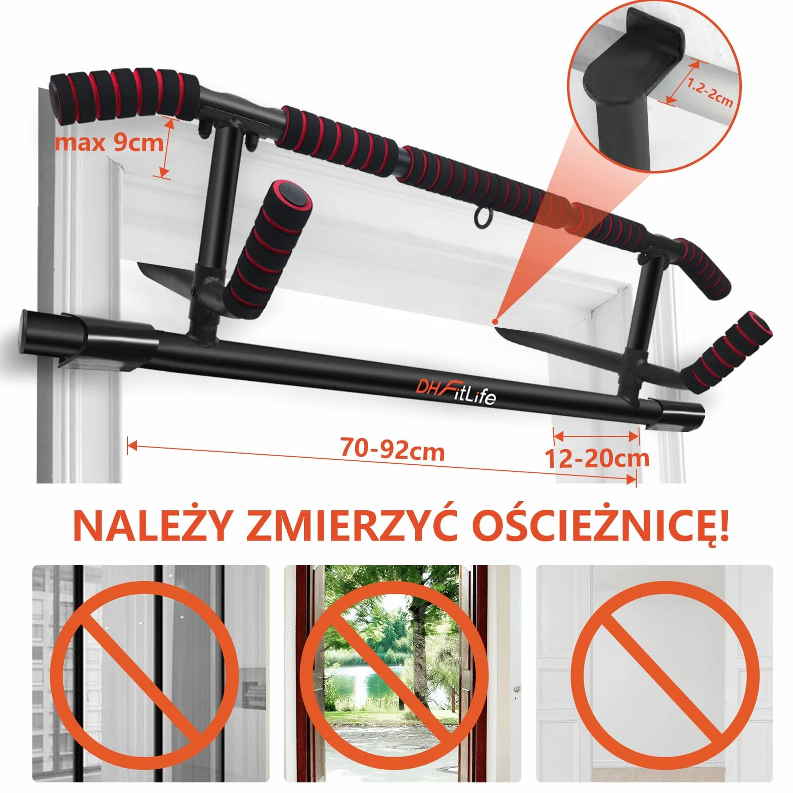 DH FitLife Drążek do podciągania na futrynie drzwi bez śrub | Pull up bar Doorway | Drążek gimnastyczny do zawieszenia | drążek na drzwi z trenażerem pętelkowym | Do futryny drzwi 70-92 cm