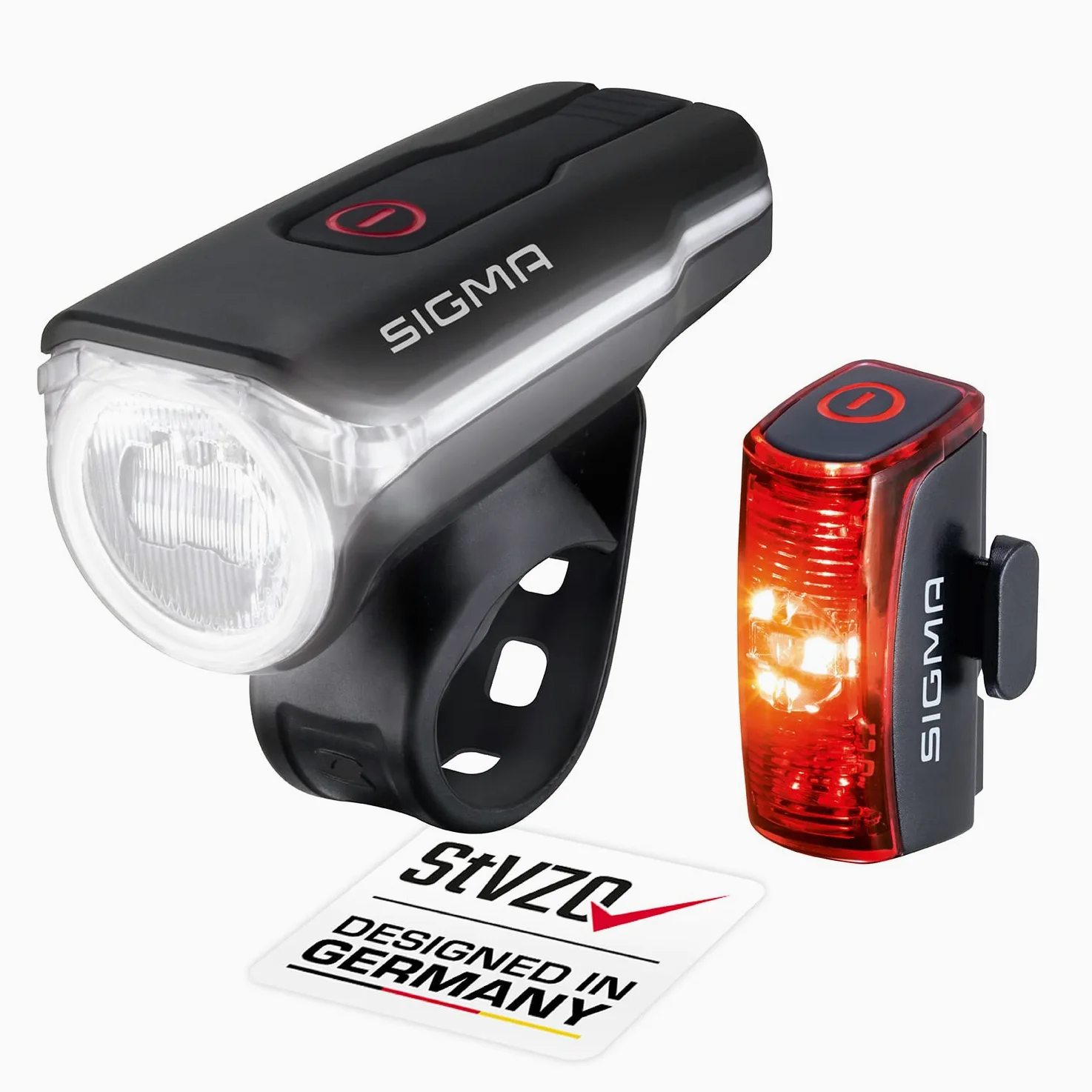 Zestaw oświetlenia rowerowego LED SIGMA AURA 60 i INFINITY | przednie i tylne światło zasilane bateryjnie | bryzgoszczelny zestaw oświetlenia rowerowego