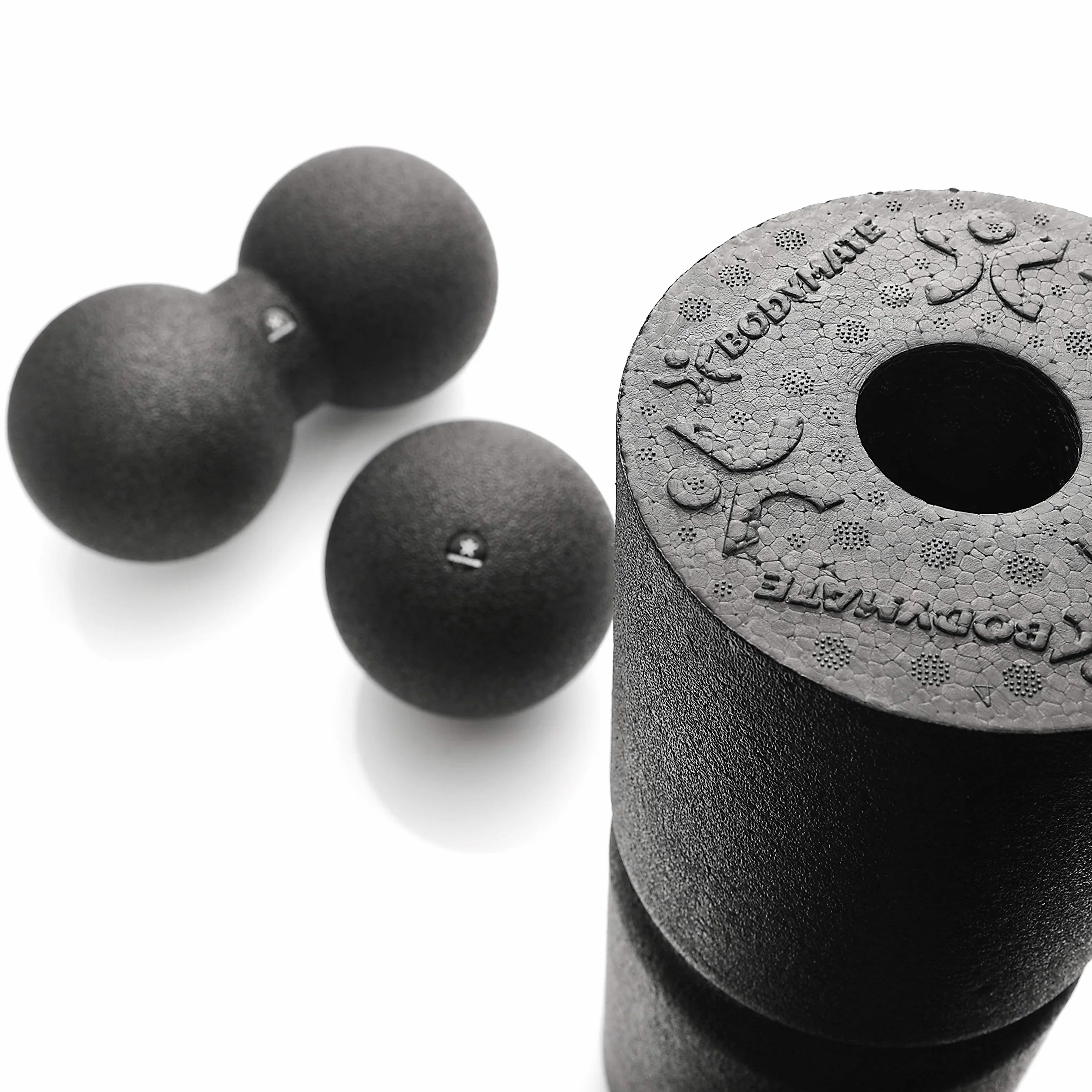 BODYMATE – zestaw do powięzi Care: wałek powięziowy Care 35 x 14 cm średniotwardy z rowkiem dla odciążenia kręgosłupa, piłka pojedyncza 12 cm i piłka podwójna 12 x 24 cm, kolor czarny + e-book