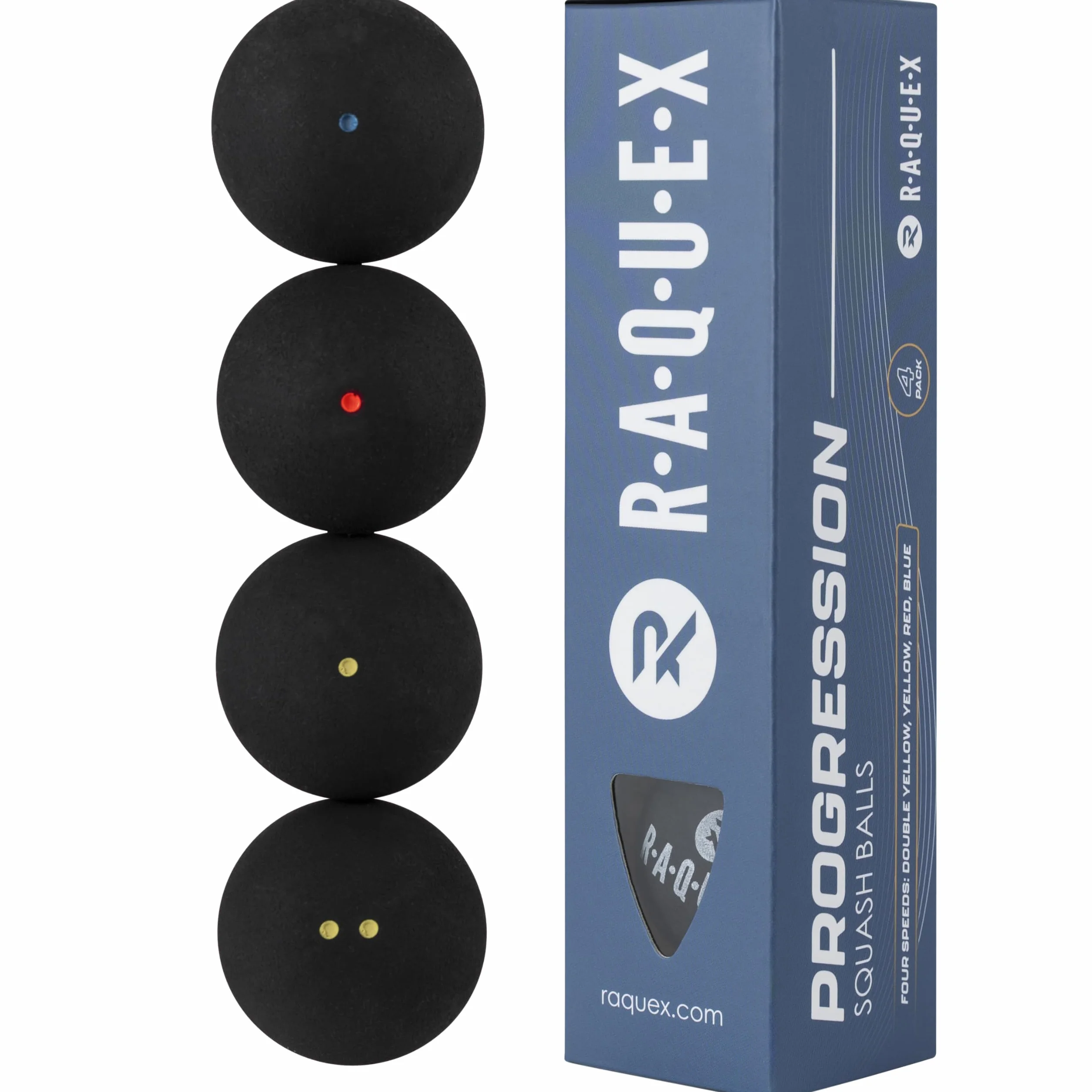 Raquex Progresja piłki do squasha – 4 mieszane piłki – 4 prędkości w każdym pudełku – czerwona kropka, niebieska kropka, żółta kropka, podwójna żółta kropka, zatwierdzone przez World Squash Federation