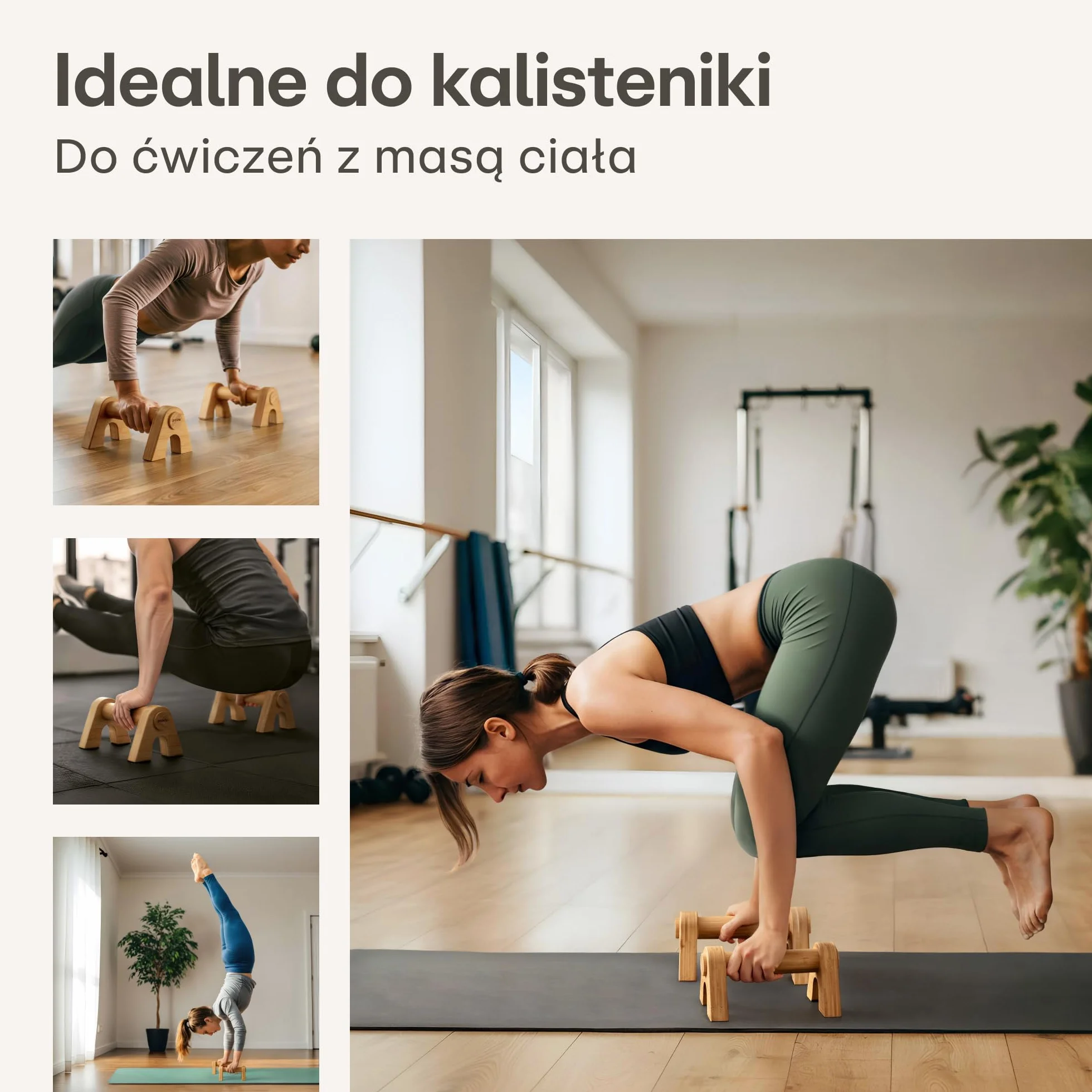 Praknu Bambusowe Uchwyty do Pomp - 2x Ergonomiczne & Antypoślizgowe Parallettes z Torbą - Uchwyty do Pomp dla Calisthenics, Handstandów i Pomp - Sprzęt Treningowy do Użytku Wewnętrznego i Zewnętrznego