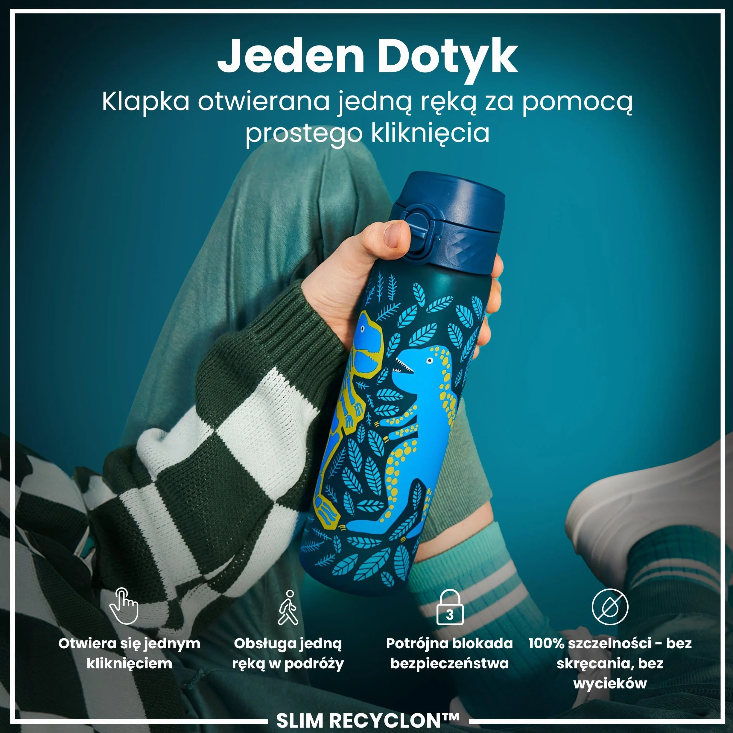 ION8 Butelka na Wodę, 500 ml/18 oz, Szczelna, Łatwe Otwieranie, Bezpieczny Zamek, Można Myć w Zmywarce, Bez BPA, Higieniczne Pokrycie, Uchwyt do Przenoszenia, Łatwa Czyszczenie, Bezwonny, Dinozaury