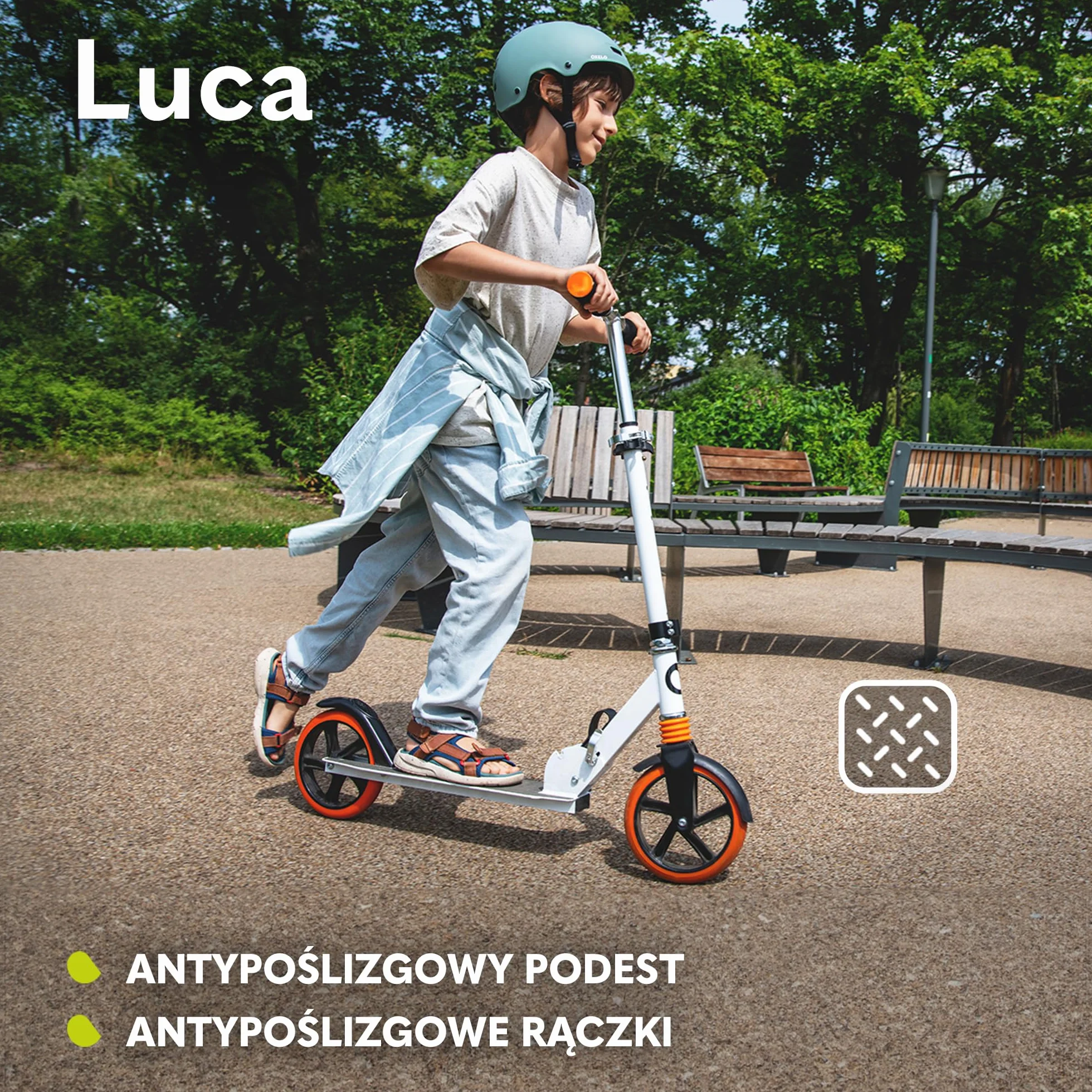 Lionelo Luca hulajnoga do 100 kg, lekka wytrzymała, składana konstrukcja, amortyzator, duże koła, regulowana wysokość kierownicy, antypoślizgowy podest, amortyzacja ShockResist