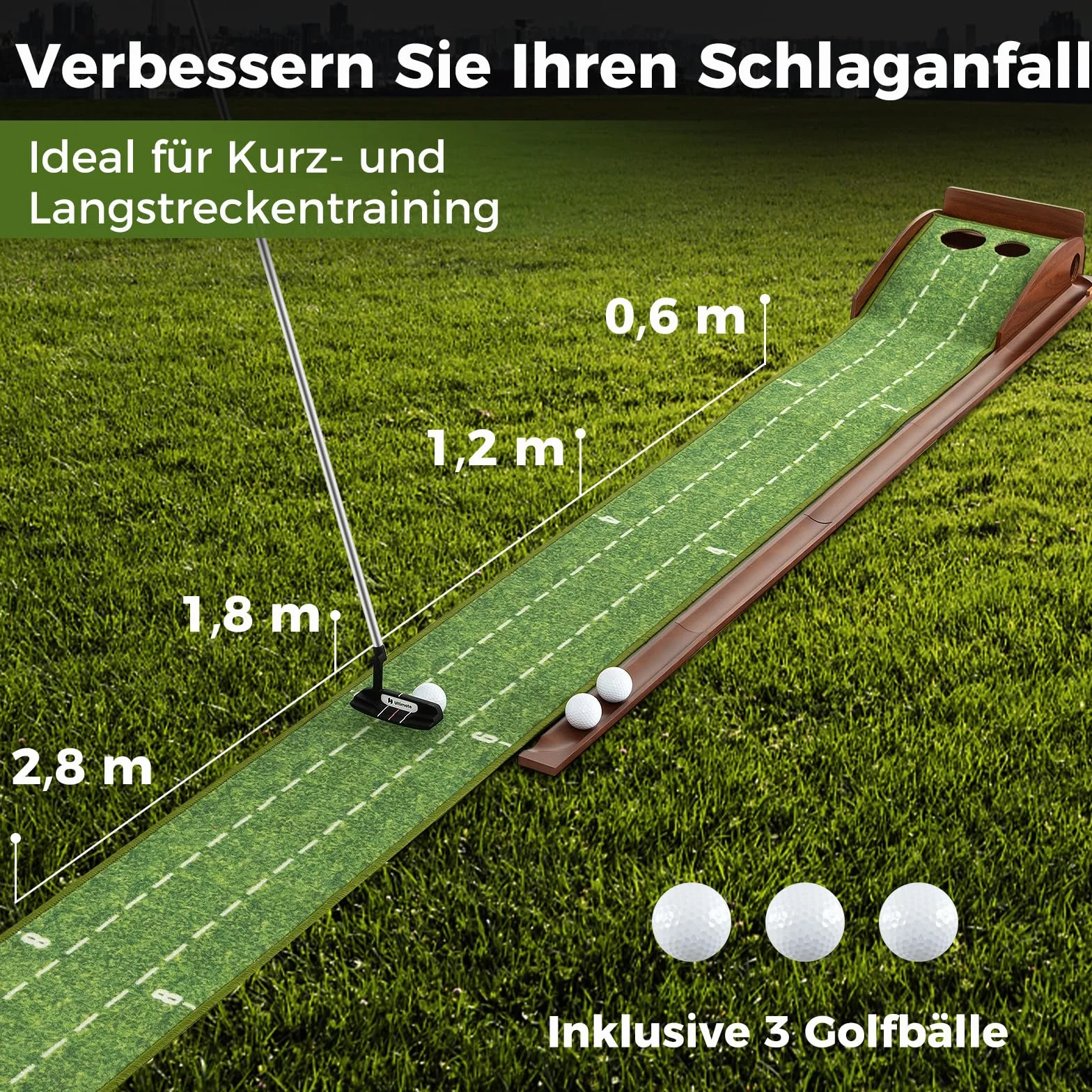 COSTWAY Mata do gry w golfa z otworami 1/2/3, mata do ćwiczeń z 3 piłkami golfowymi i sztuczną trawą, trener do użytku wewnątrz i na zewnątrz, dla początkujących, profesjonalistów