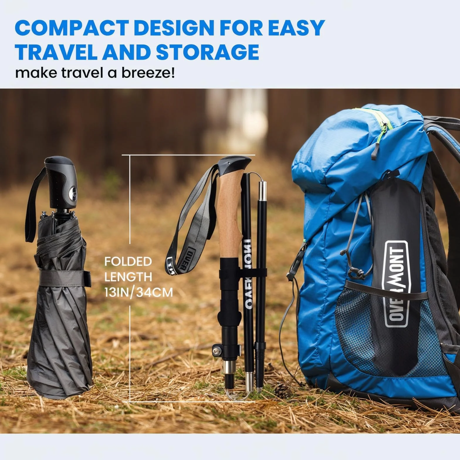 Overmont Kijki trekkingowe składane z włókna węglowego regulowane 105-125 cm do Nordic Walking 1 para
