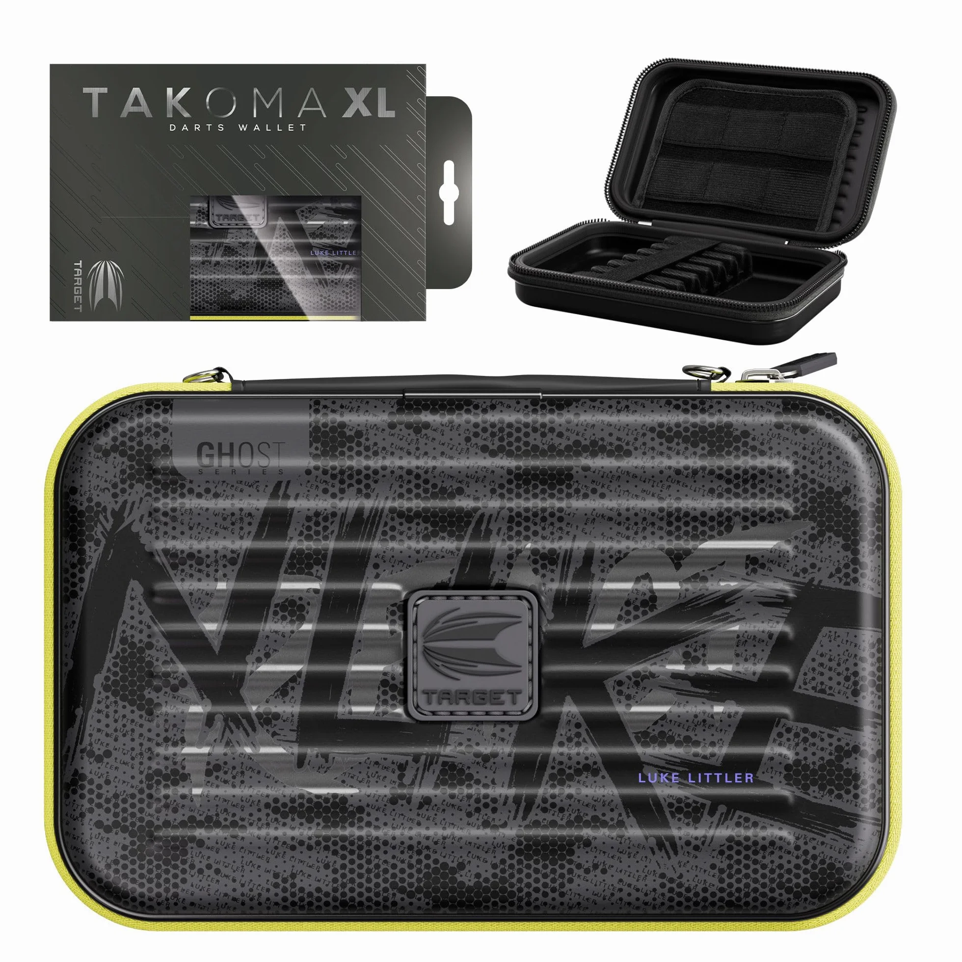 Target Darts Luke Littler Ghost Series XL Takoma Wallet – “The Nuke” profesjonalne etui na 6 zmontowanych rzutek, czarno-białe, z zamkiem błyskawicznym, idealne do przechowywania akcesoriów.