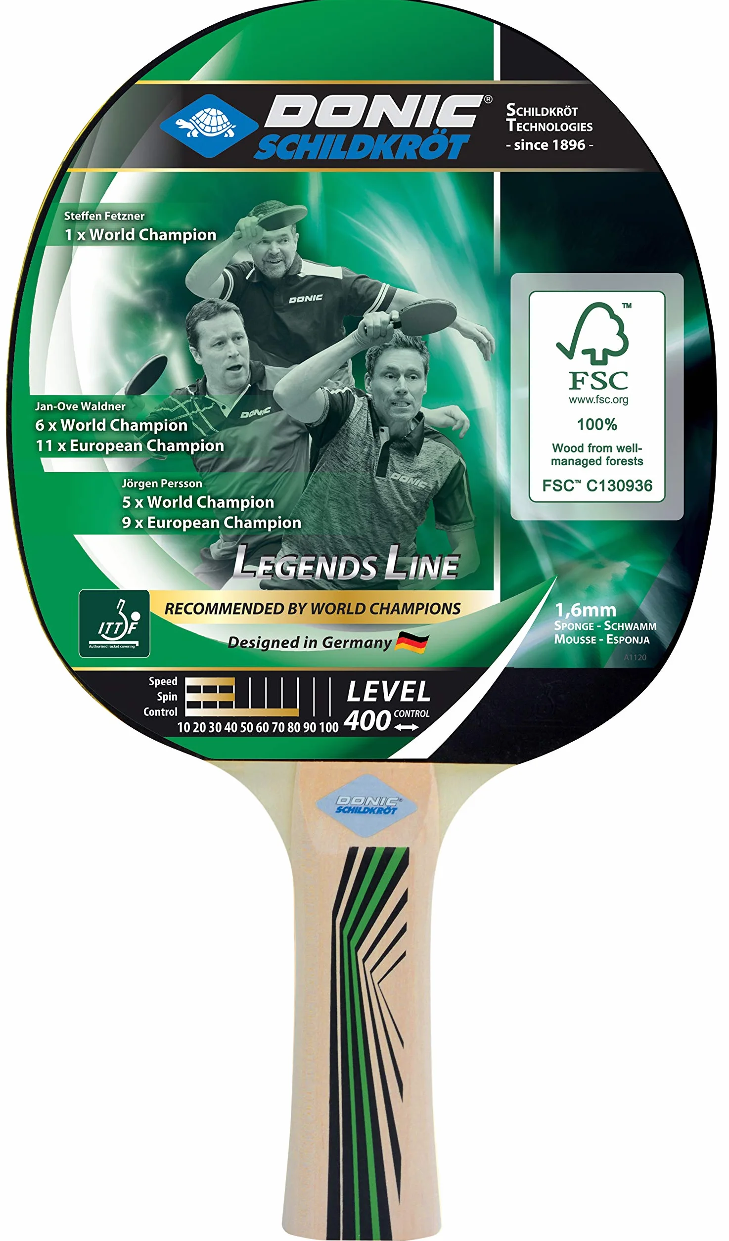Donic-Schildkröt Legends 400 FSC Rakietka do tenisa stołowego, gąbka 1,6 mm, drewno FSC, powłoka ITTF