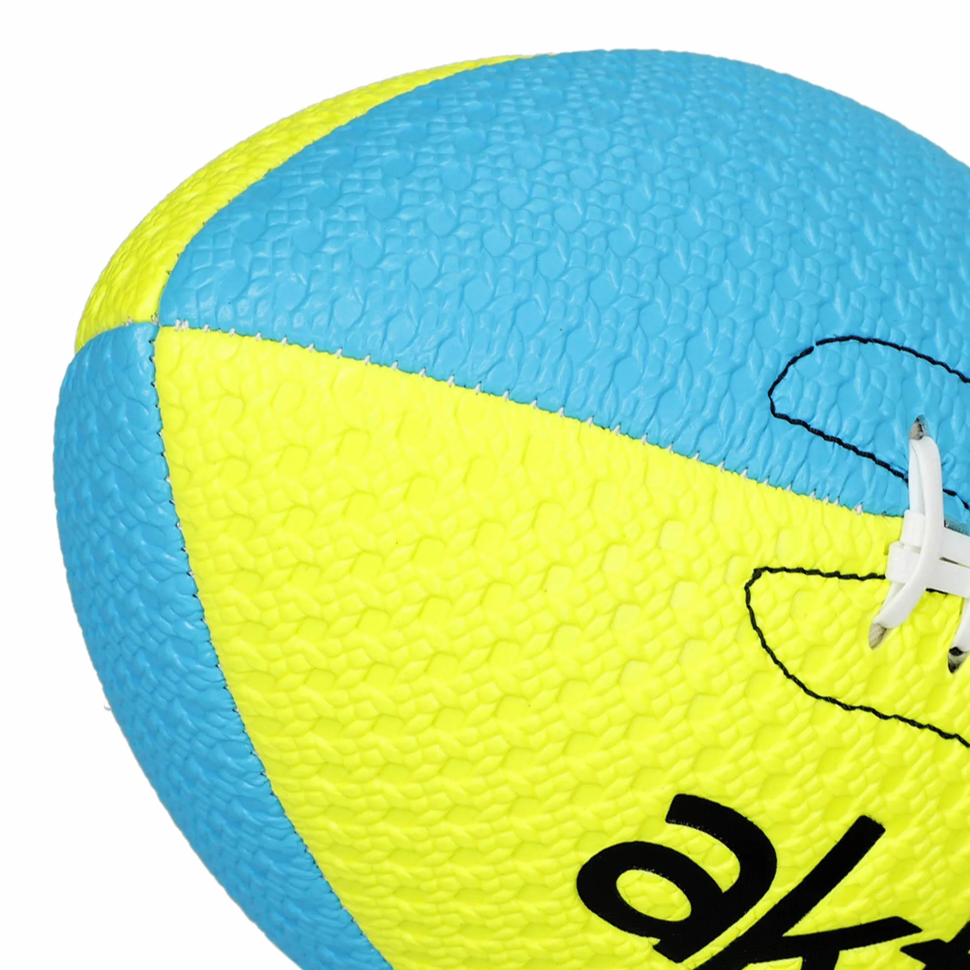 AKTIVE Piłka do rugby PVC, średnica 22 cm, rozmiar 5, kolor fosforynowy żółty i niebieski, wytrzymały i trwały, łatwy chwyt, optymalny do treningu na świeżym powietrzu, sportu, piłki, piłki (54209)