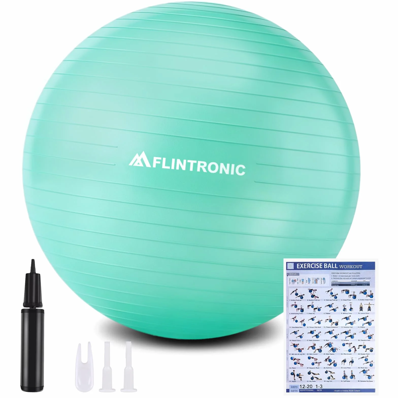 flintronic 55 cm piłka fitness, odporna na pękanie i stabilność, z pompką, narzędziem do zakręcania pomp, i instrukcją do gimnastyki, jogi, ćwiczeń równowagi, treningu, fitnessu