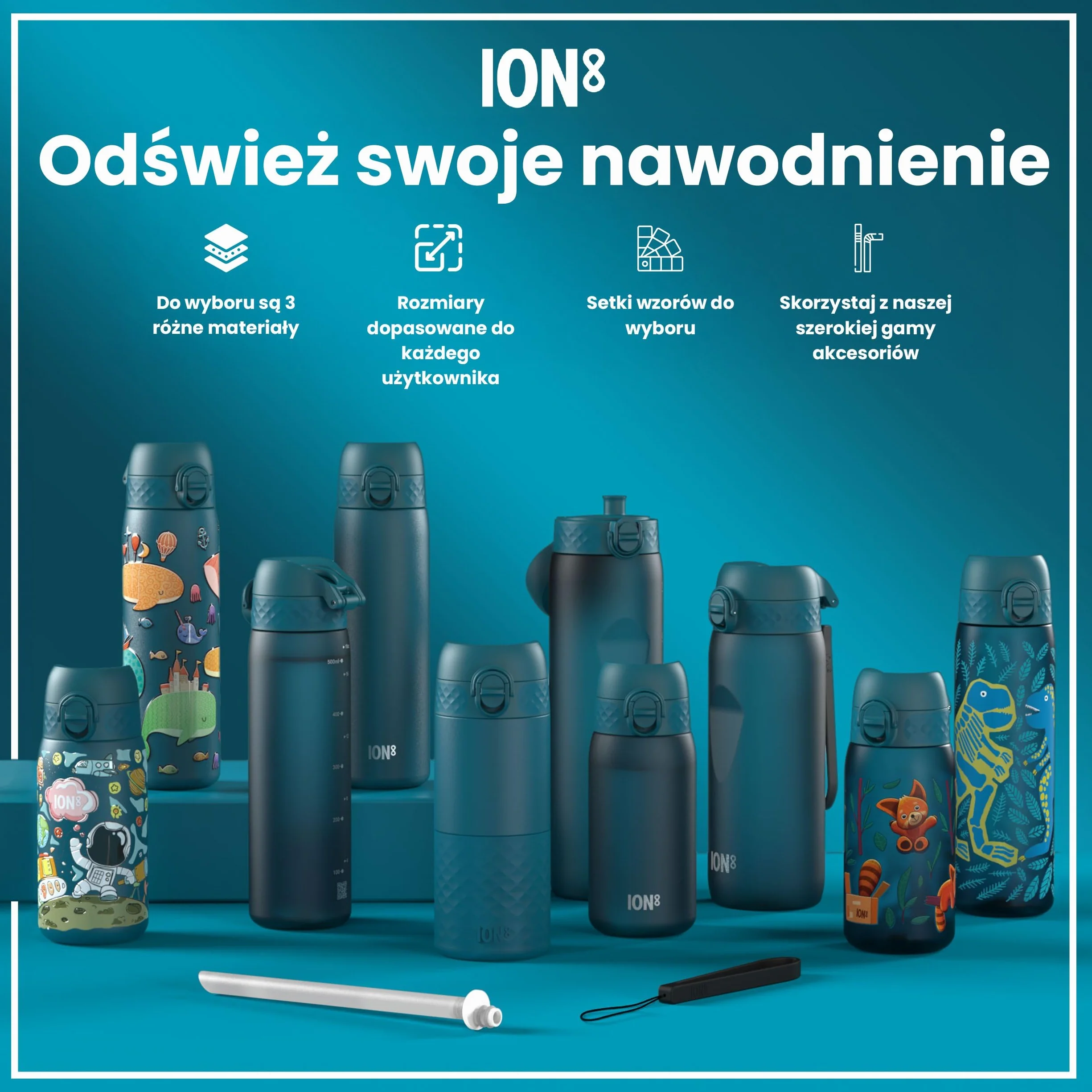 ION8 Butelka na Wodę, 500 ml/18 oz, Szczelna, Łatwe Otwieranie, Bezpieczny Zamek, Można Myć w Zmywarce, Bez BPA, Higieniczne Pokrycie, Uchwyt do Przenoszenia, Łatwa Czyszczenie, Bezwonny, Dinozaury
