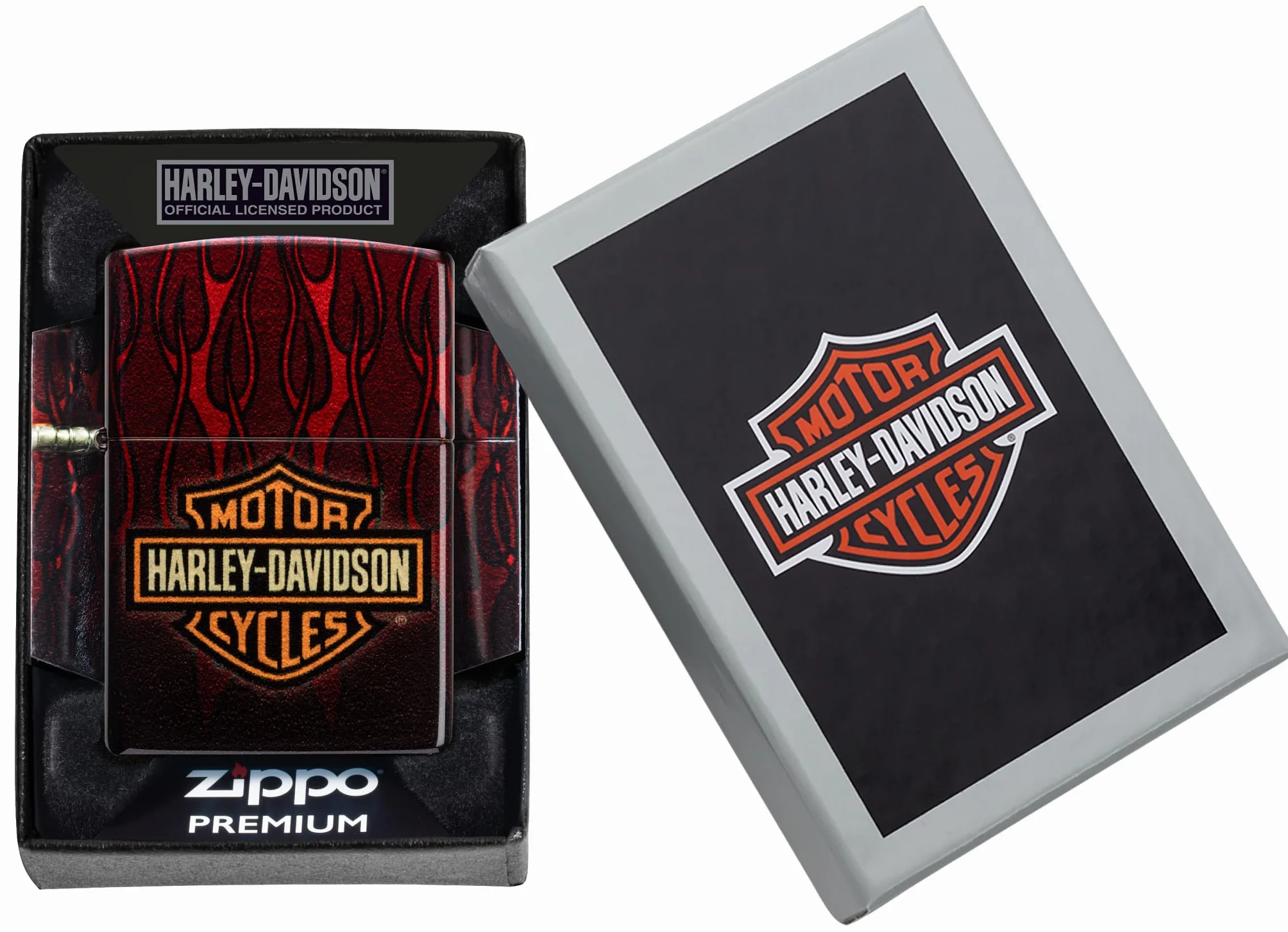 Zippo Harley-Davidson Flames Zapalniczka Sztormowa, do Napełniania, Wielokrotnego Użytku, Wiatroodporna Konstrukcja, Pudełko na Prezent, Wykonano w USA, Postarzany Mosiądz (540° Tumbled Brass)