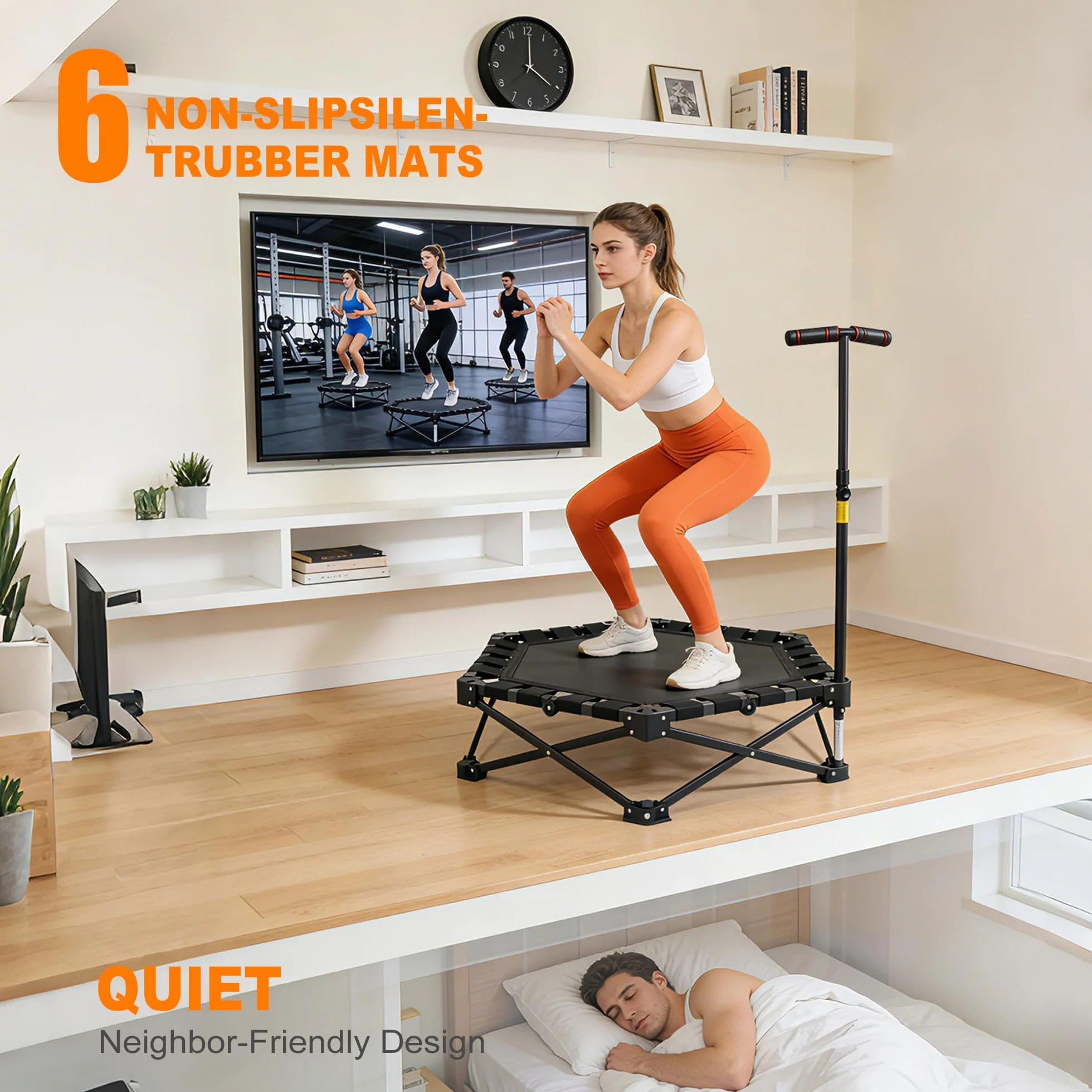 Składana mini trampolina 106 cm, 3-stopniowa regulacja wysokości, bez montażu, do użytku wewnątrz i na zewnątrz, z wytrzymałą ramą X, cicha, antypoślizgowa, do treningu domowego i zabawy