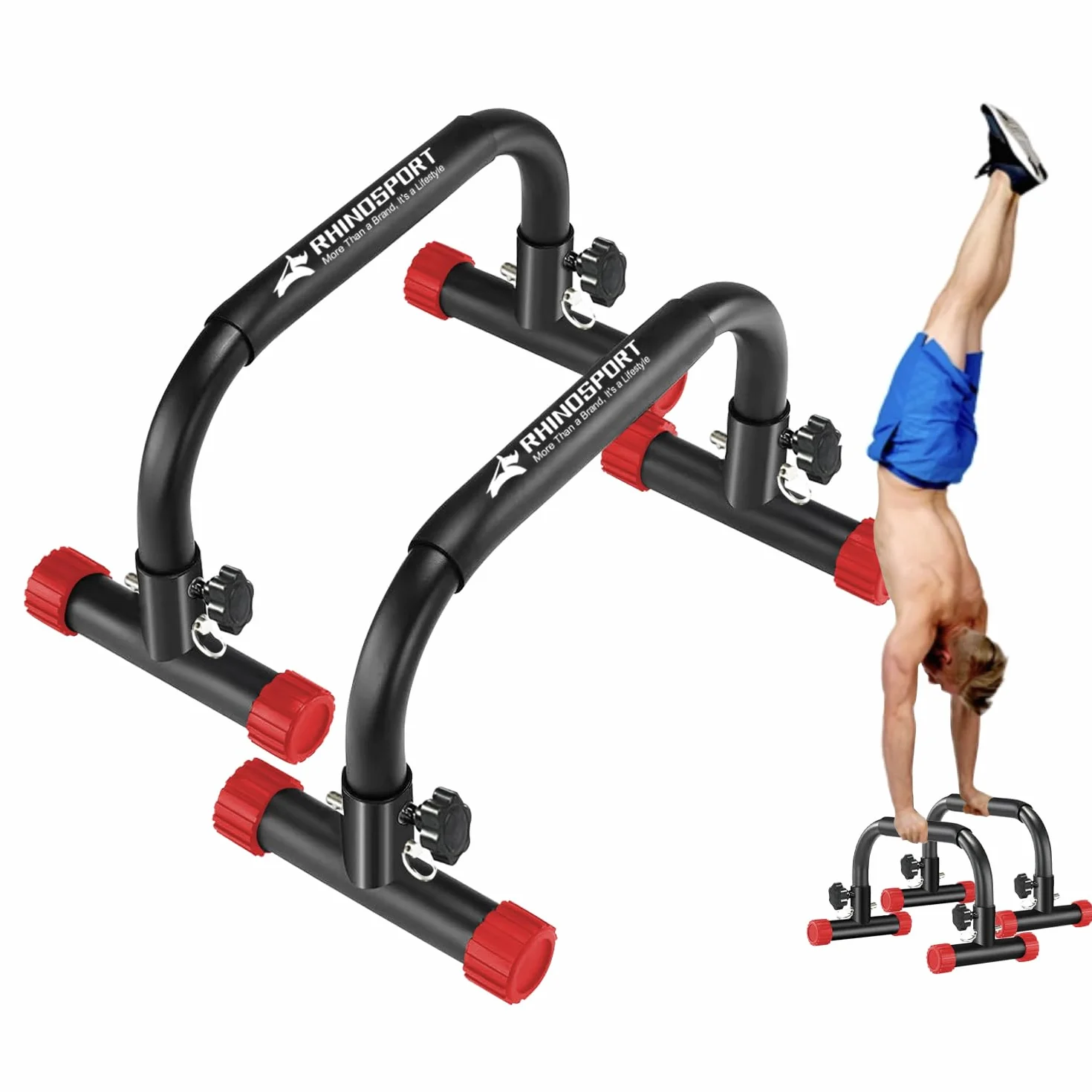 RHINOSPORT Drążki Parallettes do calisthenics pompki i pompki 25.9 cm wysokość 300 kg/661 funtów pojemność wagowa trening siłowy domowe treningi calisthenics sprzęt [50x25.9x25.9 cm] czerwony