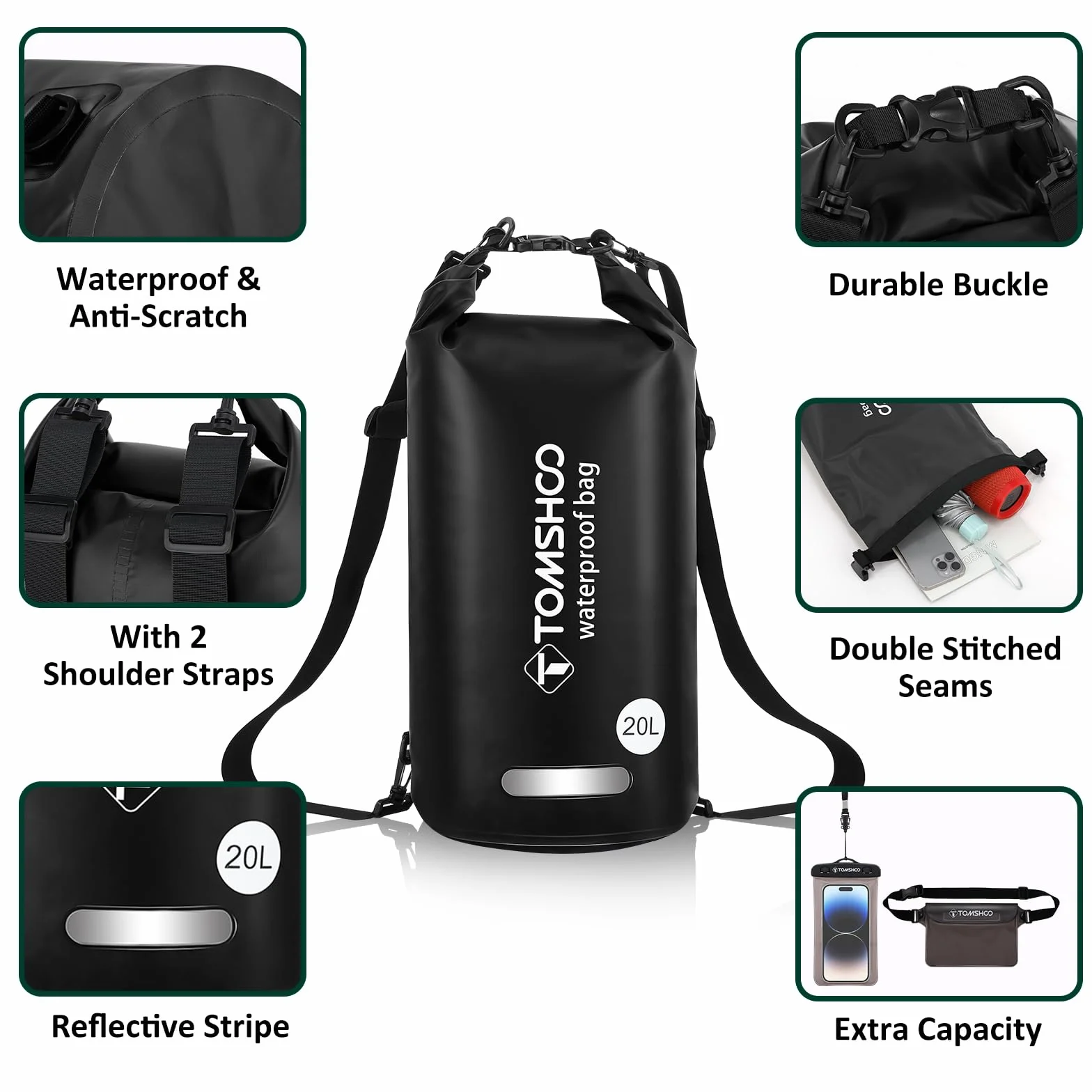 TOMSHOO Dry Bag Set, Wodoodporny Plecak 10L/20L z Wodoodpornym Pokrowcem i Kieszeń na Telefon Komórkowy, Regulowany Pasek na Ramię, Wodoodporny Plecak na Spływy Kajakowe, 20L, Czarny