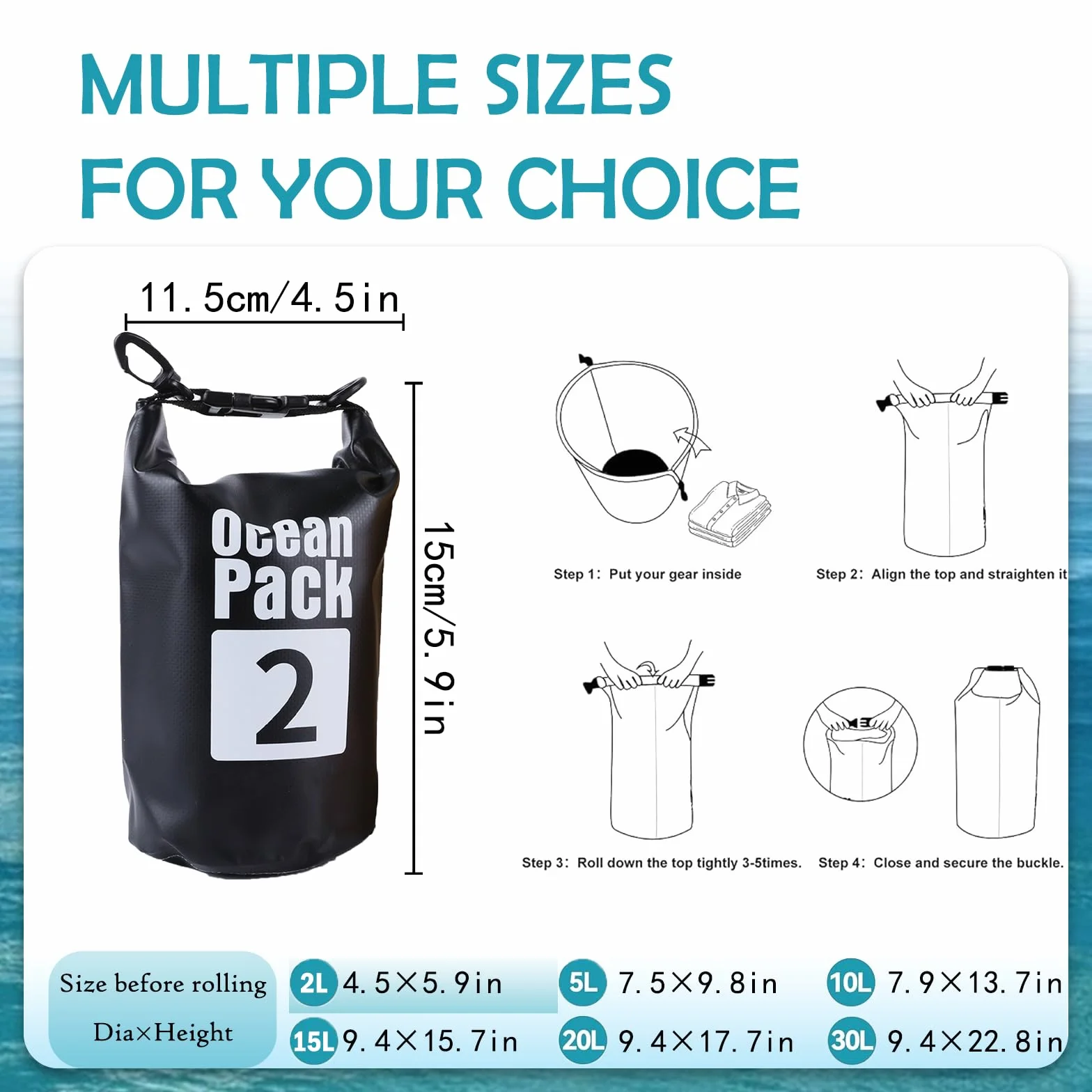 2L Czarna wodoszczelna torba, Dry Bag 2L/5L/10L/15L/20L/30L z regulowanym paskiem, chroni telefon/kartę, worek wodoodporny z rolowanym górnym zamknięciem, plecak na pływanie/rafting/kajak/żeglarstwo