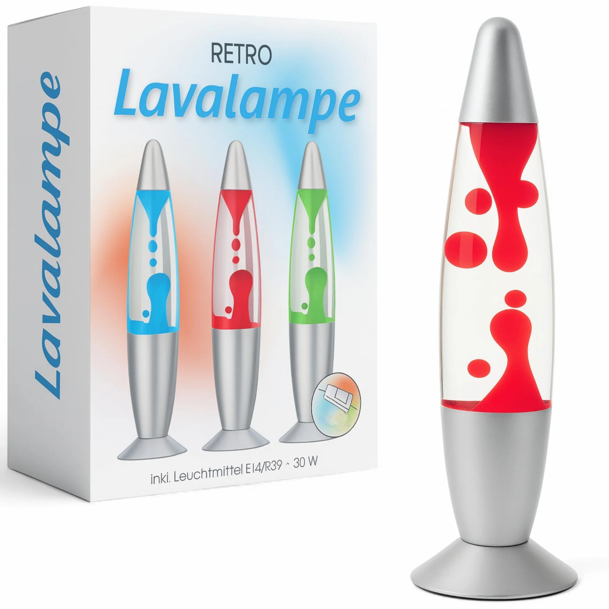 MIJOMA Lampa lawowa retro 30 cm szkło aluminium srebrna nóżka przełącznik sznurkowy klasyczna czerwień