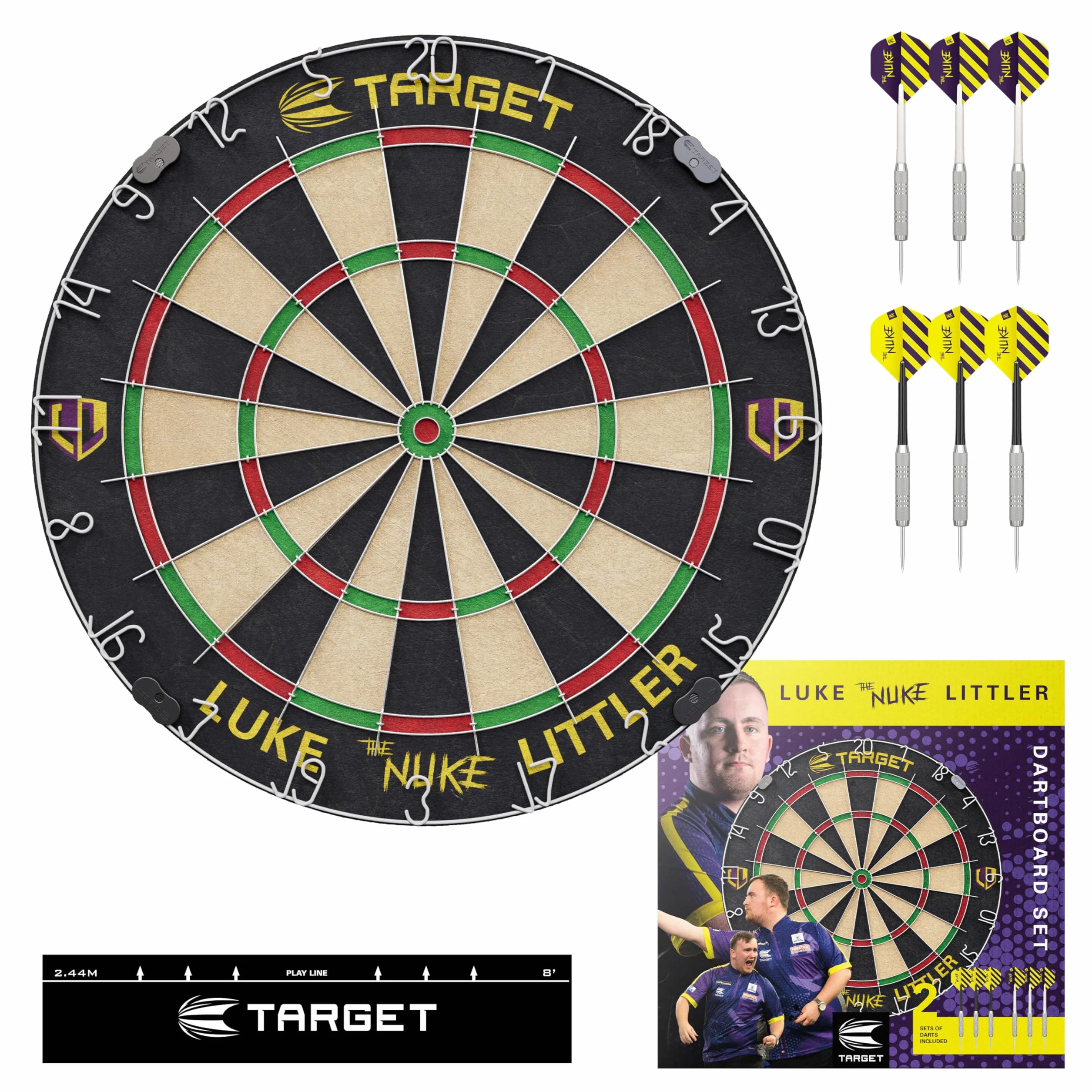 Target Darts Player Dartboard Set | Luke Littler/Dimitri Van den Bergh/Gabriel Clemens | Tarcza do rzutek w wersji dla graczy z 2 zestawami rzutek ze stalowymi końcówkami, standardowa linia w zawodach
