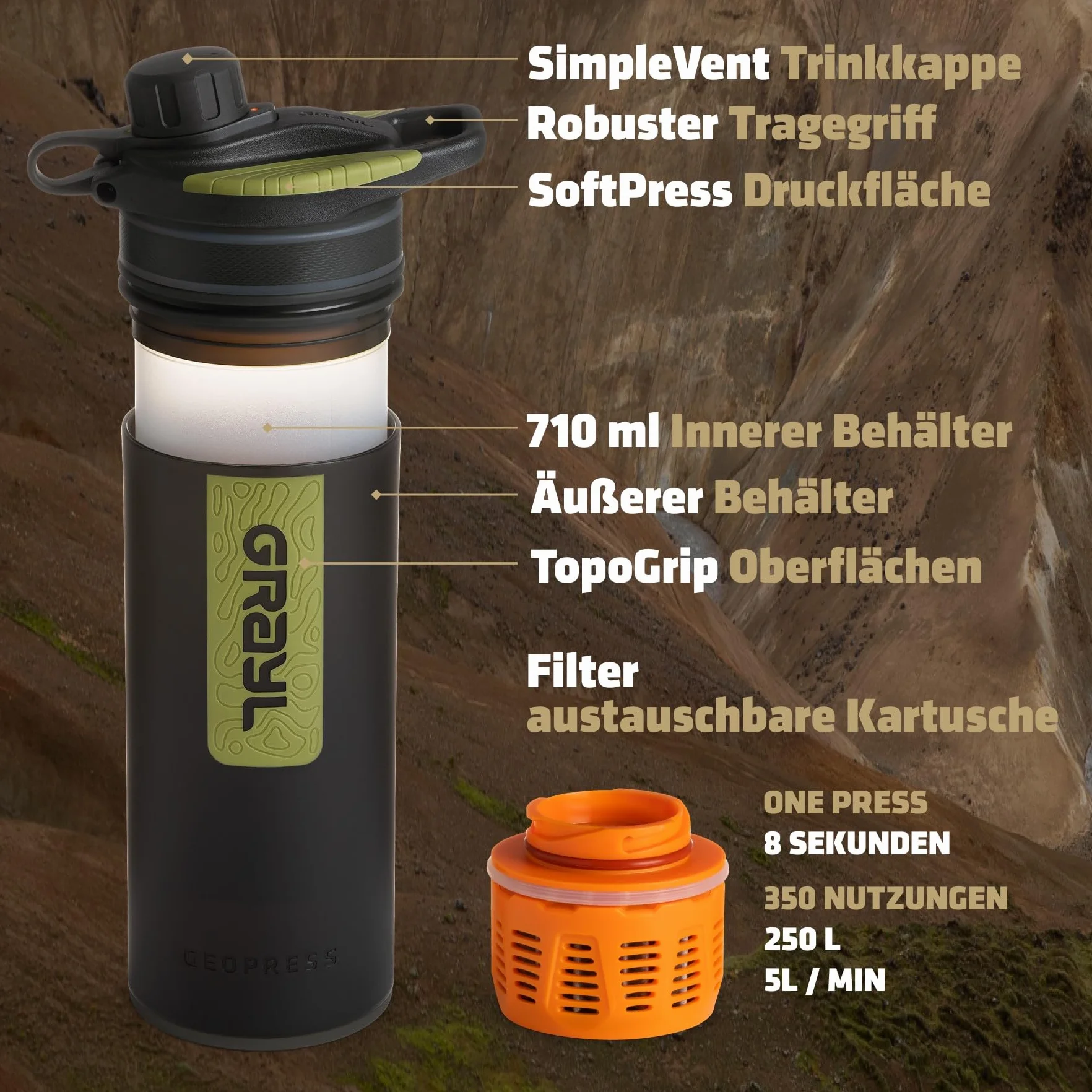 GRAYL GeoPress Premium zewnętrzny filtr do wody 500 l usuwa 99,99% bakterii i wirusów czarny kamuflaż pomarańczowy