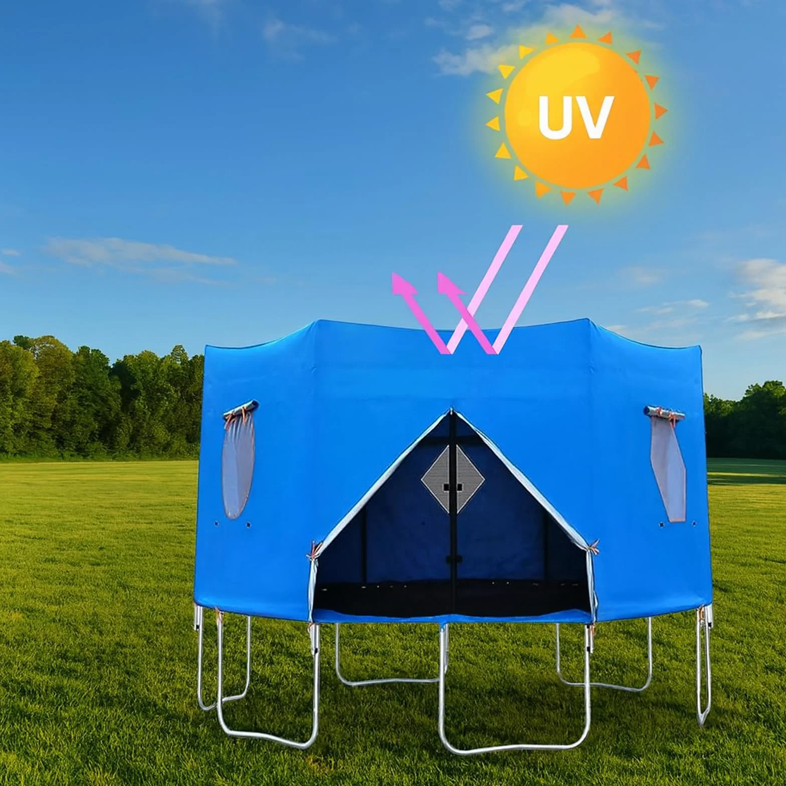 Osłona namiotu trampolinowego dla dzieci – zewnętrzna wodoodporna osłona przeciwsłoneczna z ochroną przed promieniowaniem UV, siatkowe okna wentylacyjne i drzwi z zamkiem błyskawicznym, pasuje do