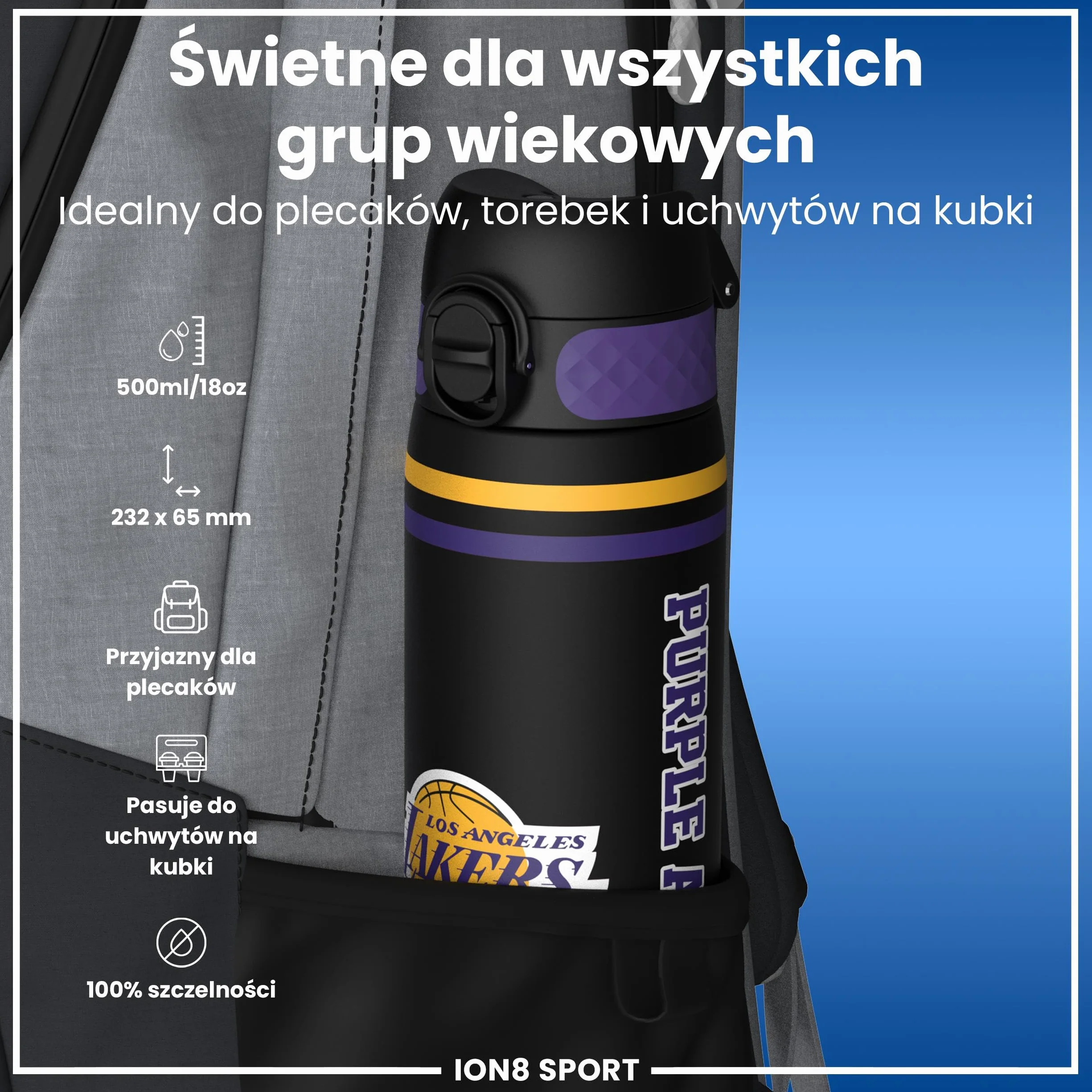 NBA Los Angeles Lakers Butelka na Wodę 500 ml Szczelna Bez BPA Łatwe Otwieranie