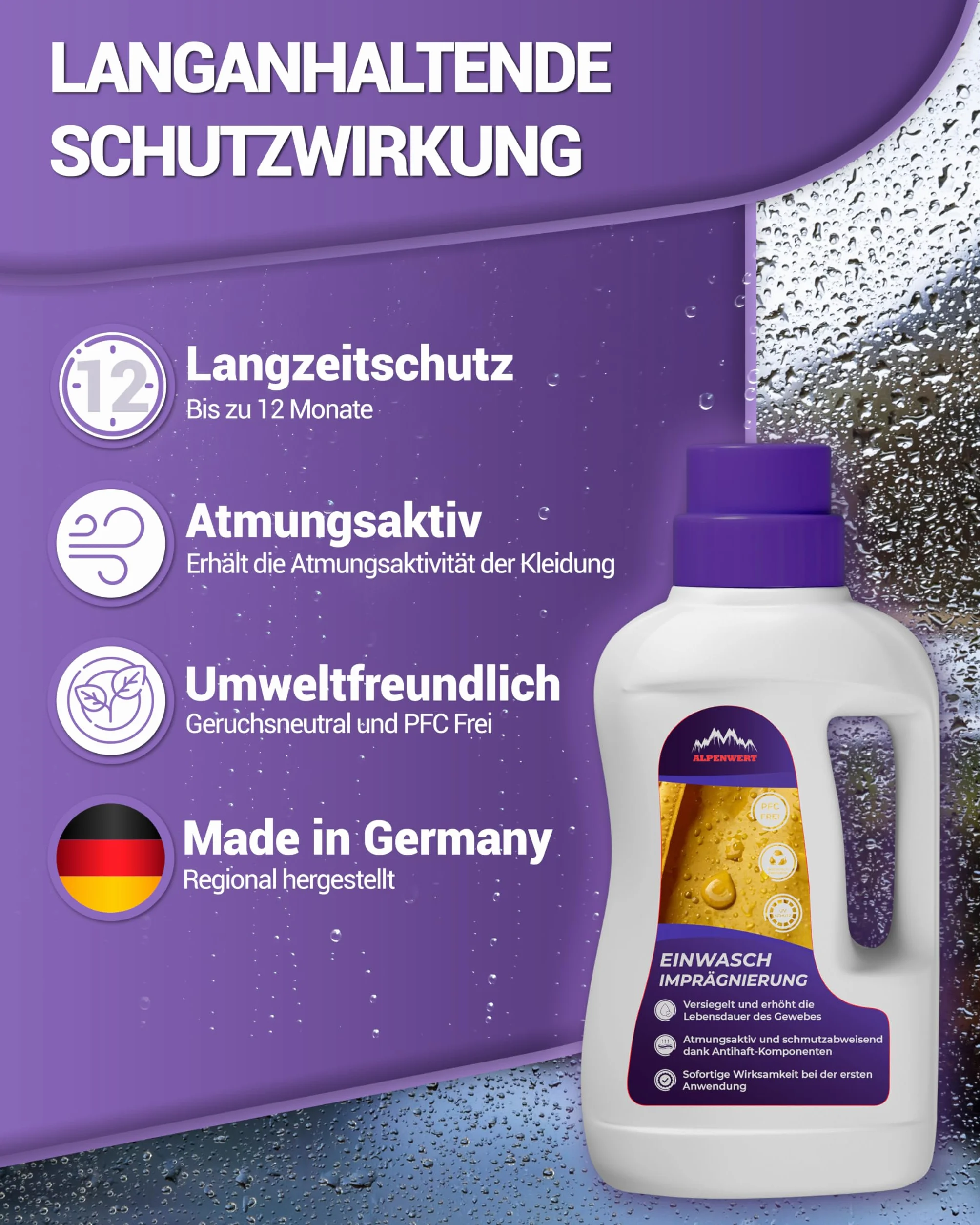 ALPENWERT® Środek do impregnacji 500ml [WYROBIONO W NIEMCACH] do odzieży outdoorowej, odzieży funkcyjnej, odzieży narciarskiej, Gore-tex i innych. Środek do impregnacji, impregnacja do prania