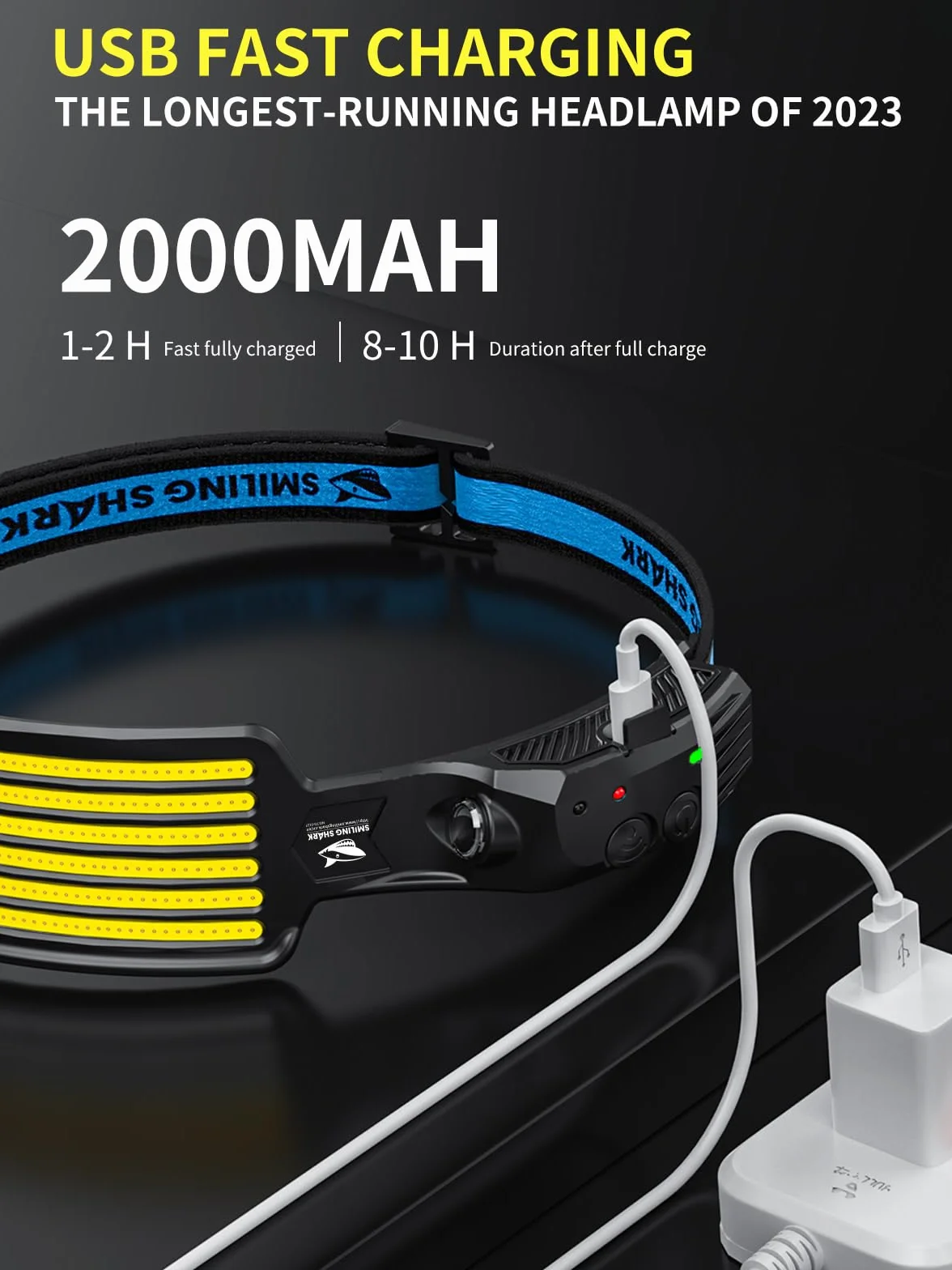 Smiling Shark Akumulatorowa lampa czołowa, szeroki kąt 230°, 6 x białe światło, najjaśniejsza lampa czołowa LED z czujnikiem ruchu, wodoodporny reflektor na kemping, wędrówki, na zewnątrz, lampa