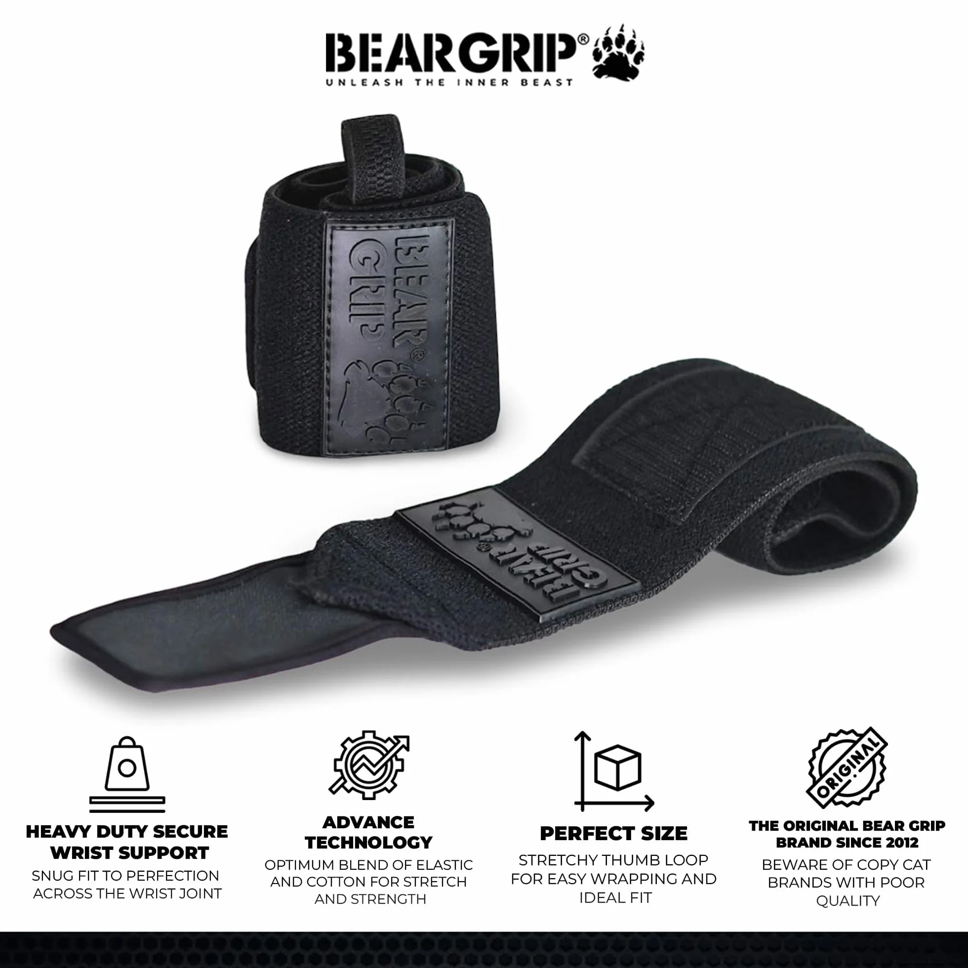 BEAR GRIP - Opaski podtrzymujące nadgarstek do podnoszenia ciężarów (sprzedawane parami)