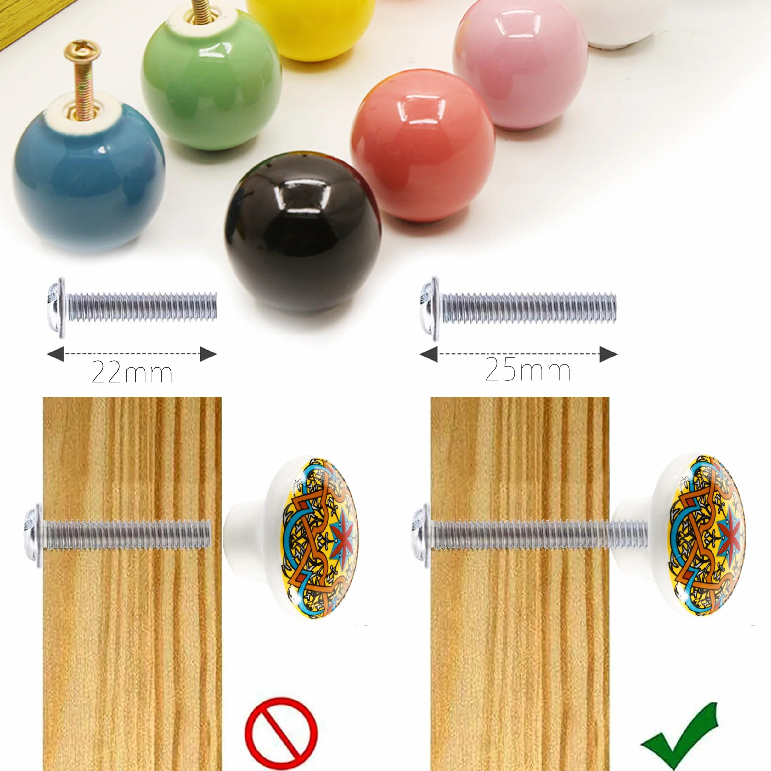 Ceramic Knobs Cupboards Colourful Pack of 10 ceramicznych gałek, gładkie kulki, gałki meblowe, kolorowe do kuchni, łazienki dla dzieci, klatki piersiowej drawerów, cupboard, ze śrubami