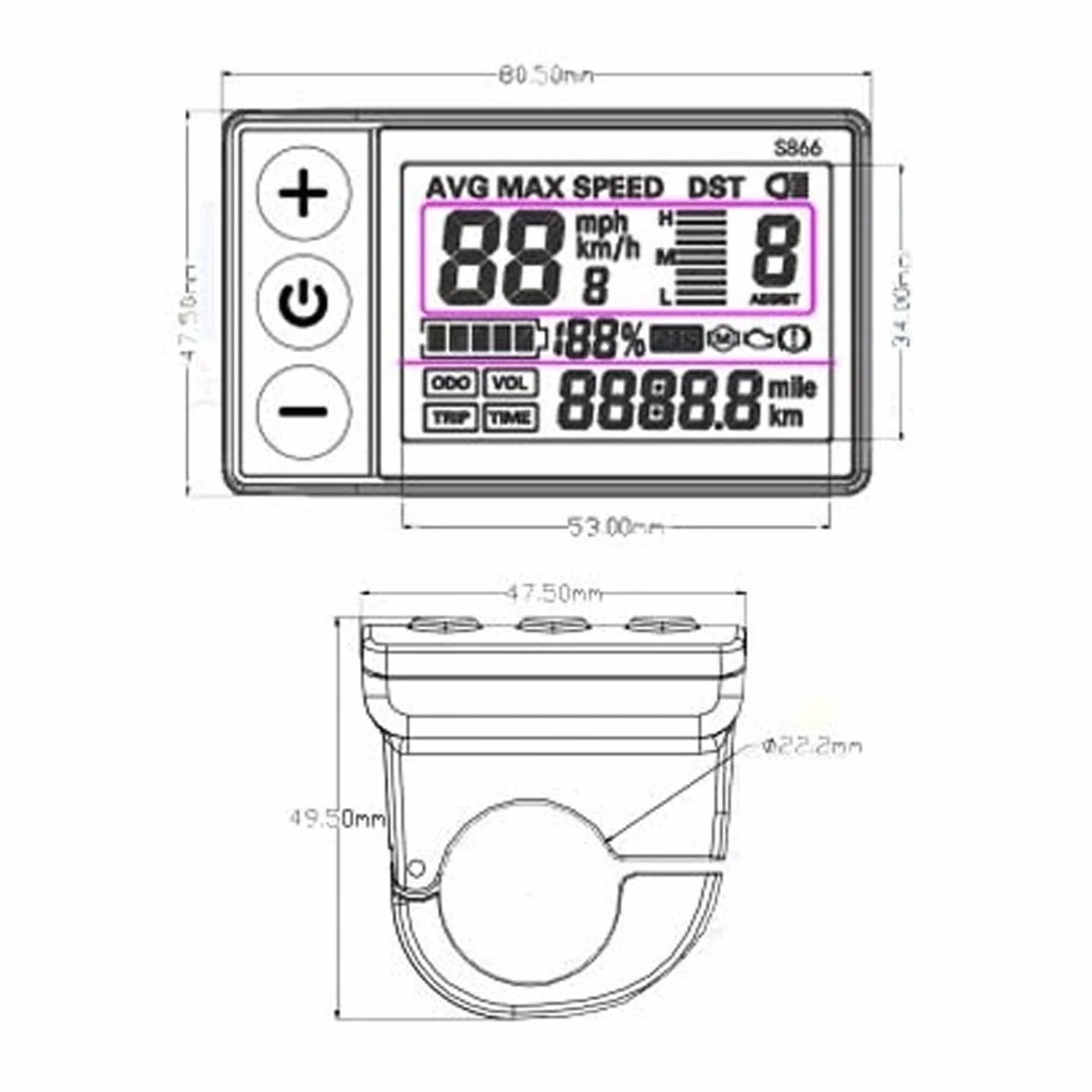 Rower Elektryczny S866 Wyświetlacz Lcd Miernik 24V 36V 48V Panel Sterowania z wodoodporną wtyczką Wyświetlacz Lcd dla 48V
