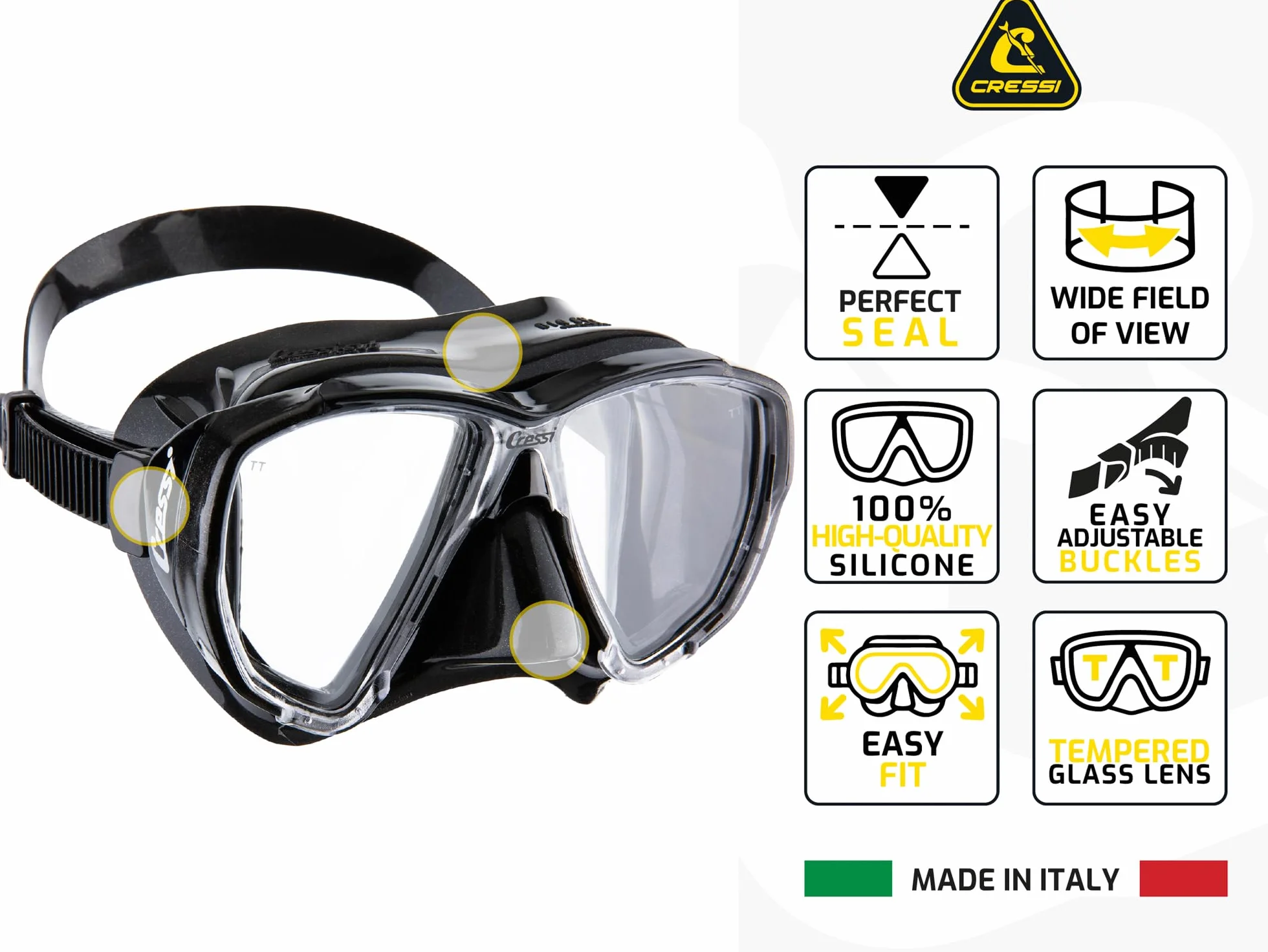 CRESSI Big Eyes Seal Dry Combo Black/Black Diving Snorkeling Mask Snorkel Set for Adults