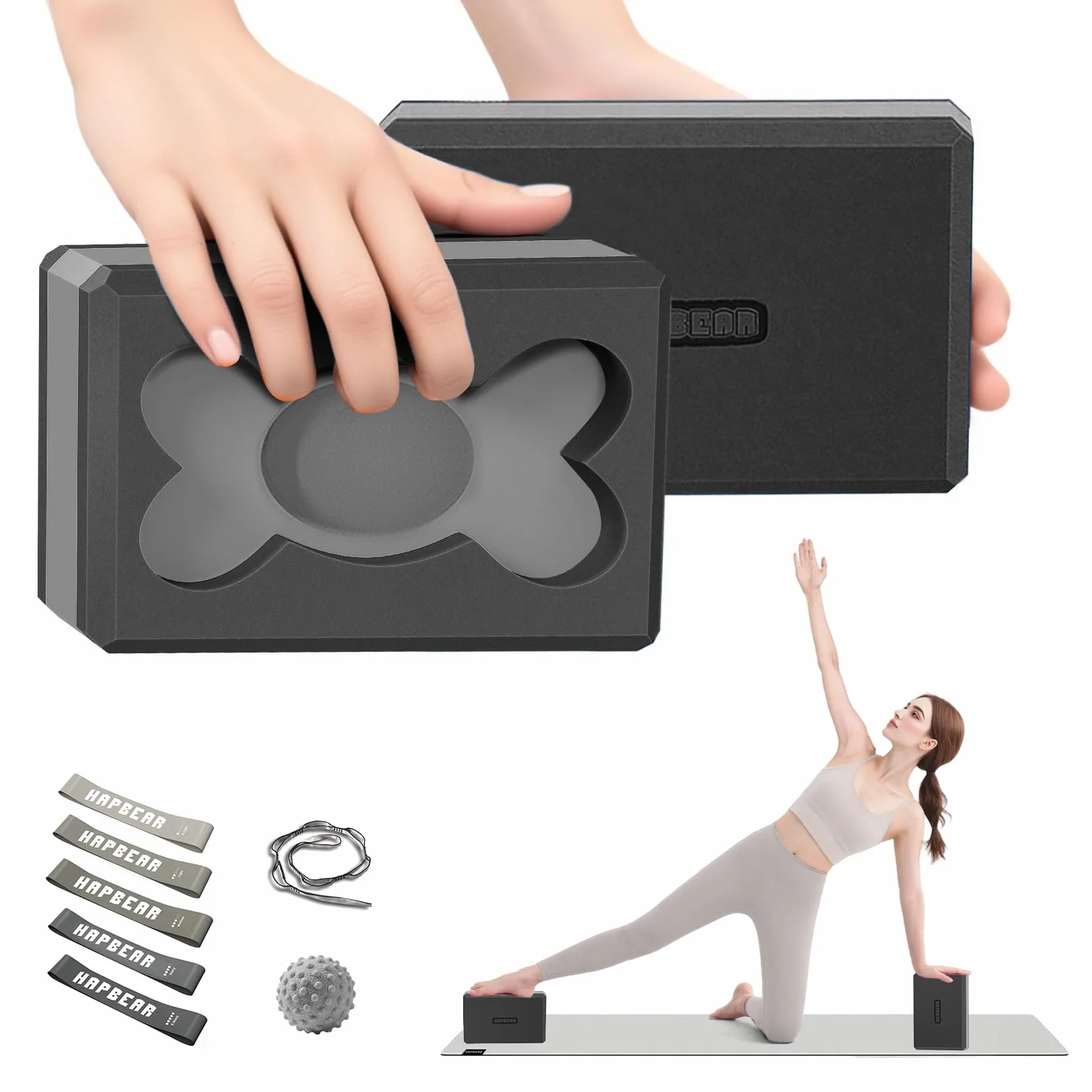 HAPBEAR 2 Klocki do Jogi – 23×15×7,5 cm EVA, Antypoślizgowe i Lekkie, Ergonomiczne, Stabilne do Pilates i Rozciągania – z Paskiem, Taśmami i Piłką do Masażu