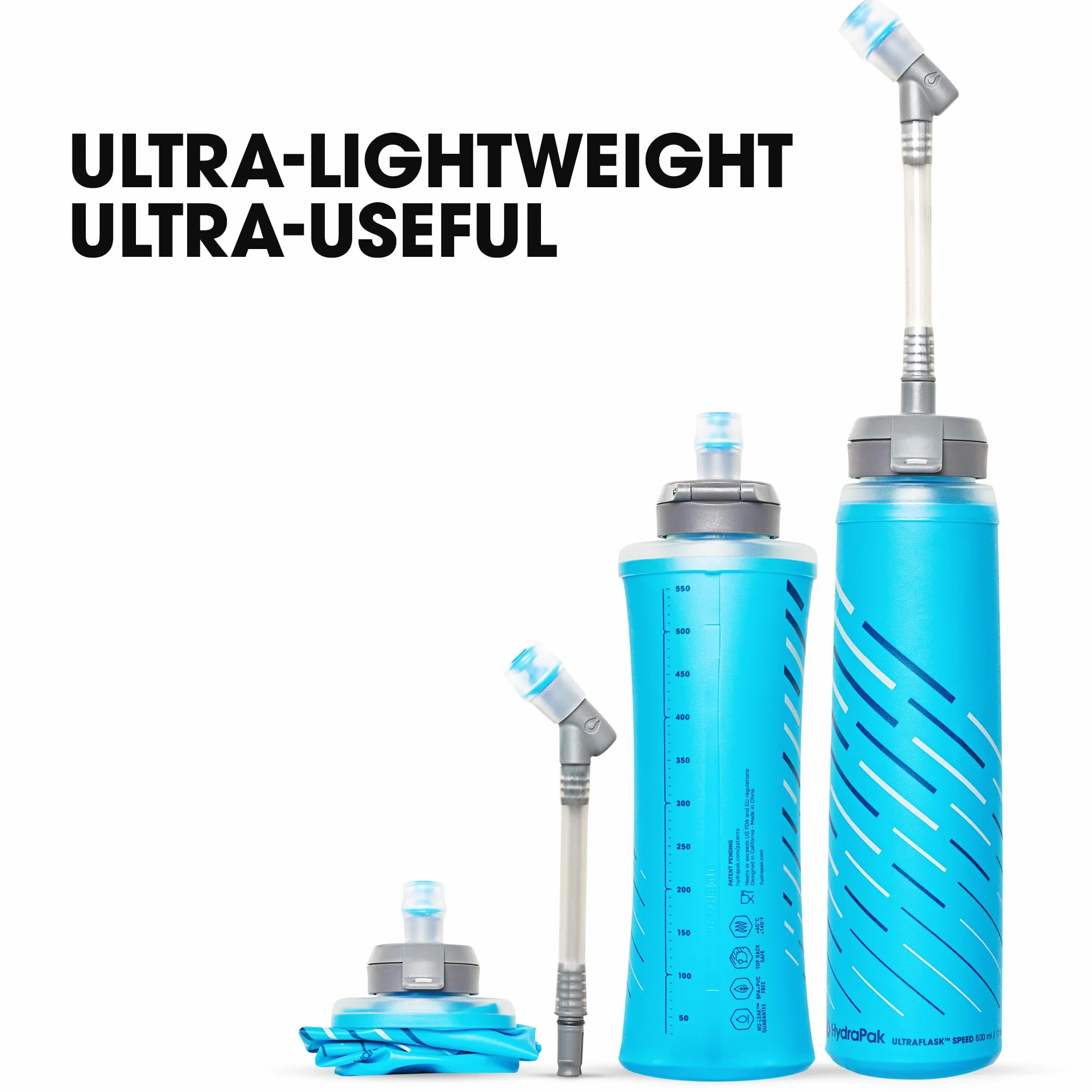 HydraPak UltraFlask Speed 600 ml, składana, miękka butelka na wodę do kamizelek nawadniających i opakowań do biegania z łatwym otwieraniem zakrętką, 600 ml, niebieska Malibu