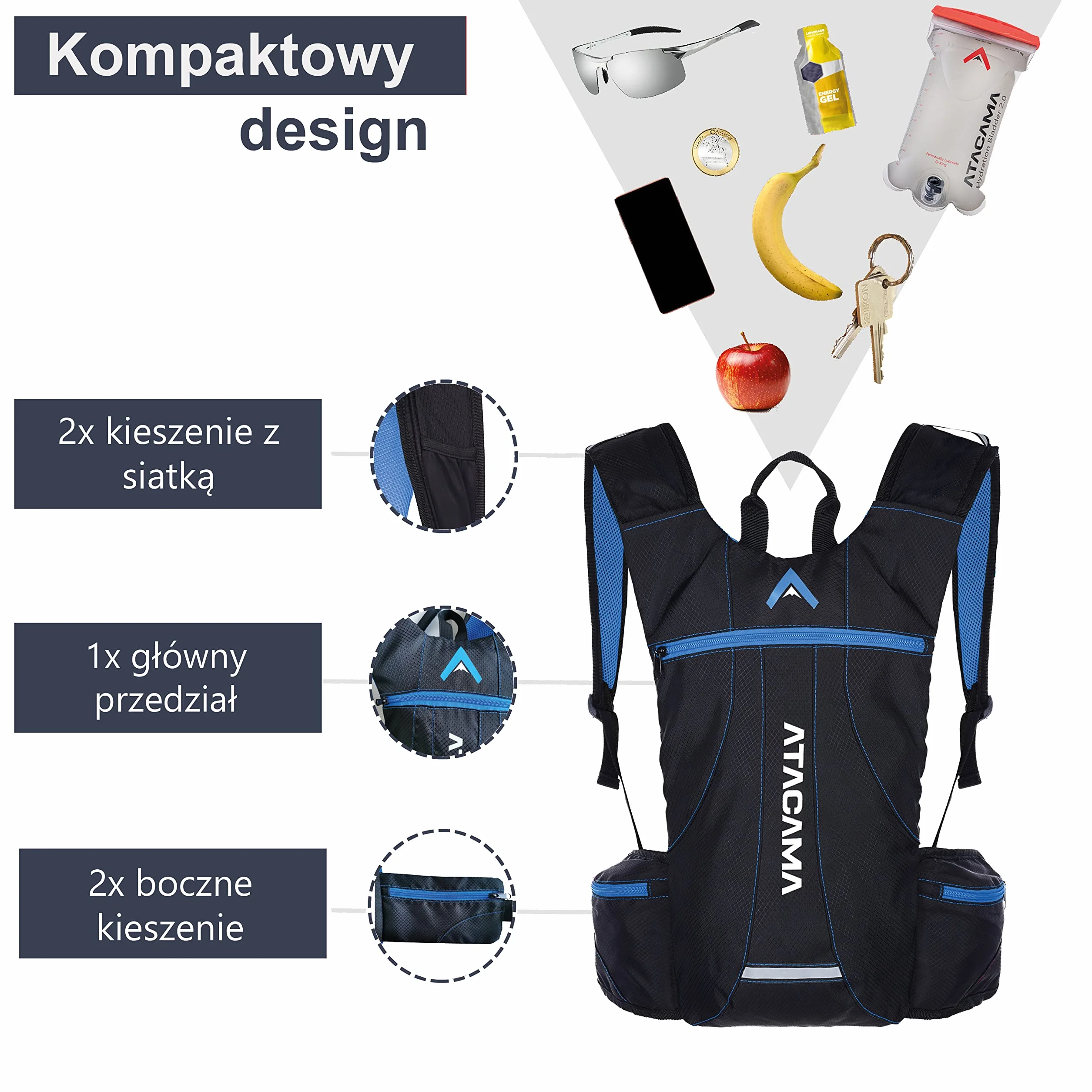 Atacama Plecak do picia, plecak biegowy, plecak rowerowy, plecak opcjonalnie z bukłakiem 2 l