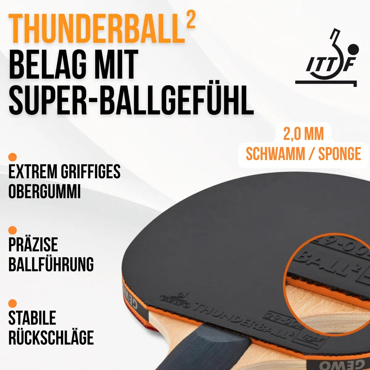 GEWO Unisex – Thunderball 2 wysoka kontrola i maksymalny spin rakieta do tenisa stołowego, czarna/pomarańczowa, jeden rozmiar