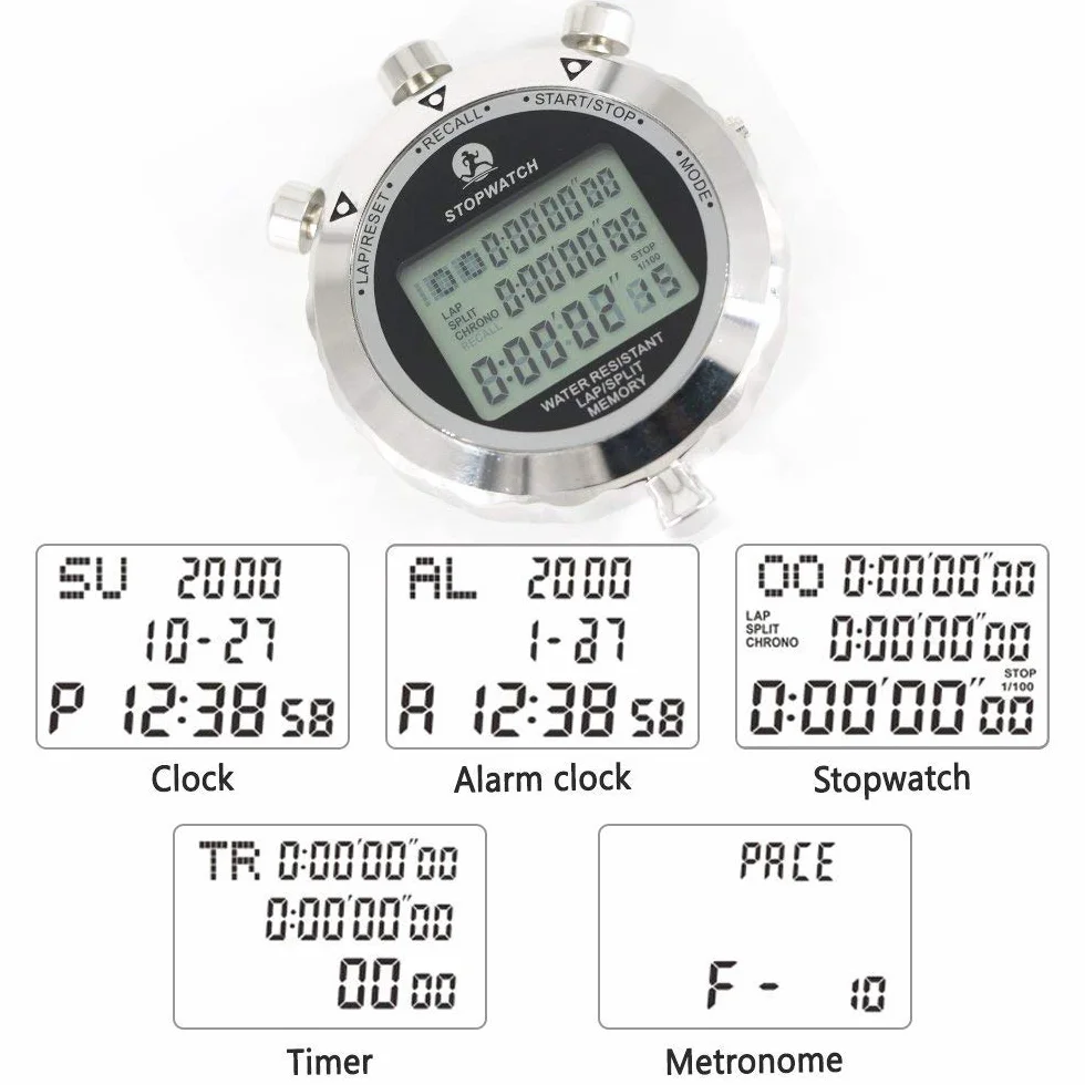 LAOPAO Metalowy stoper, 1/100 sekundy, 100 pamięci, wodoodporny elektroniczny chronograf na co dzień, do piłki nożnej, baseballu, sportów na świeżym powietrzu